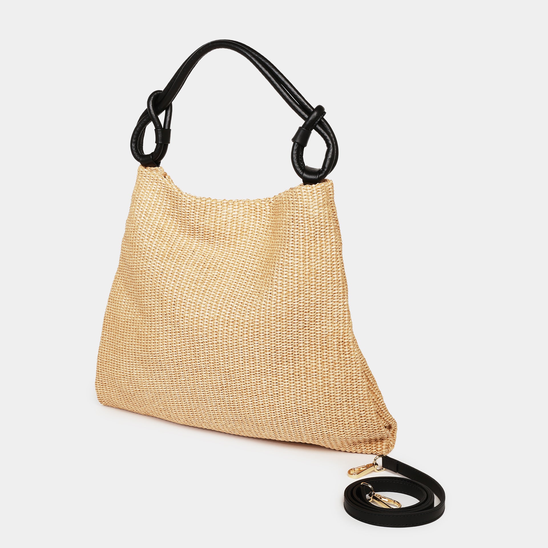poppy borsa in rafia ecru e manico in pelle nera con nodi in taglia L con tracolla marchio Arron
