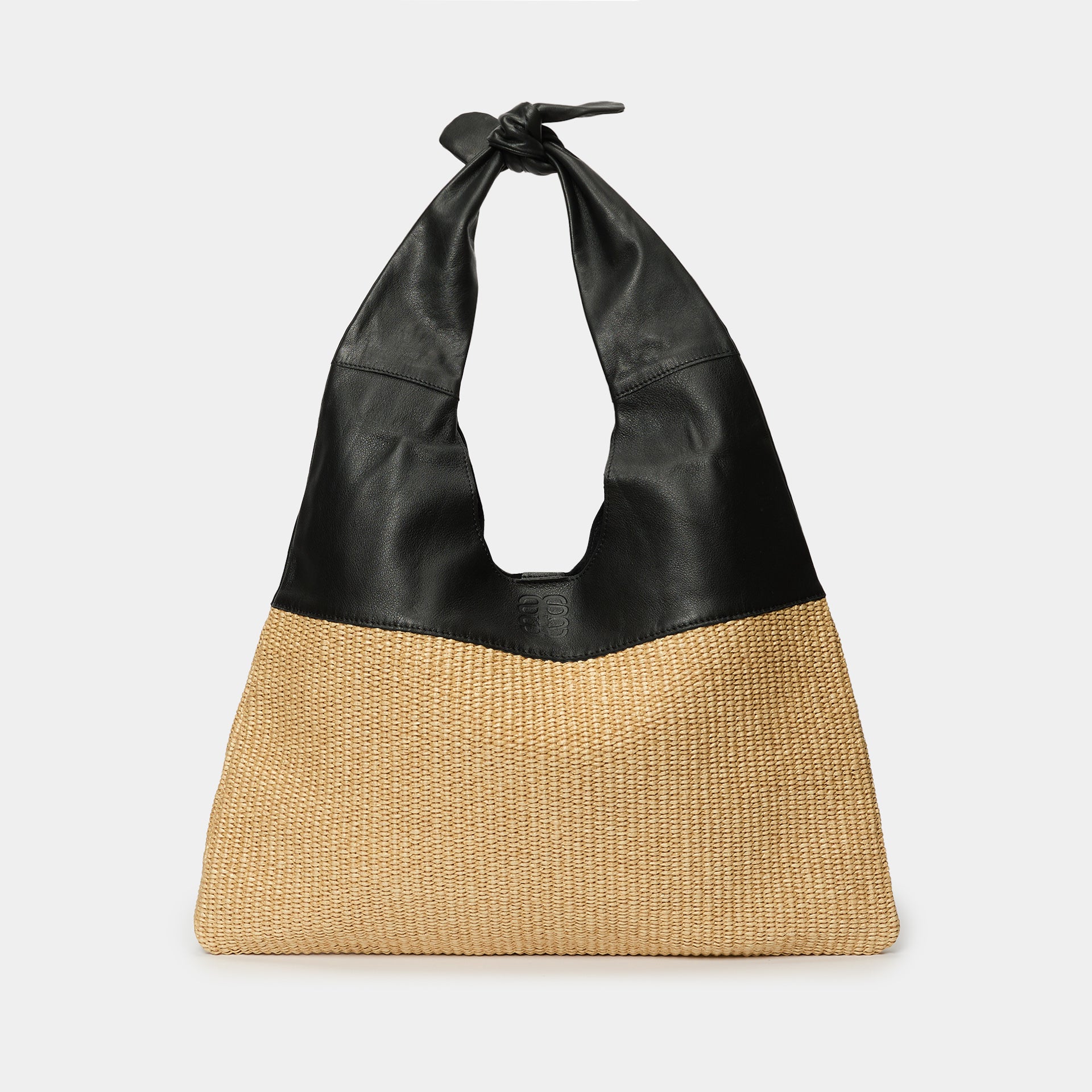 Borsa Arron in pelle nera e rafia naturale con fiocco a spalla