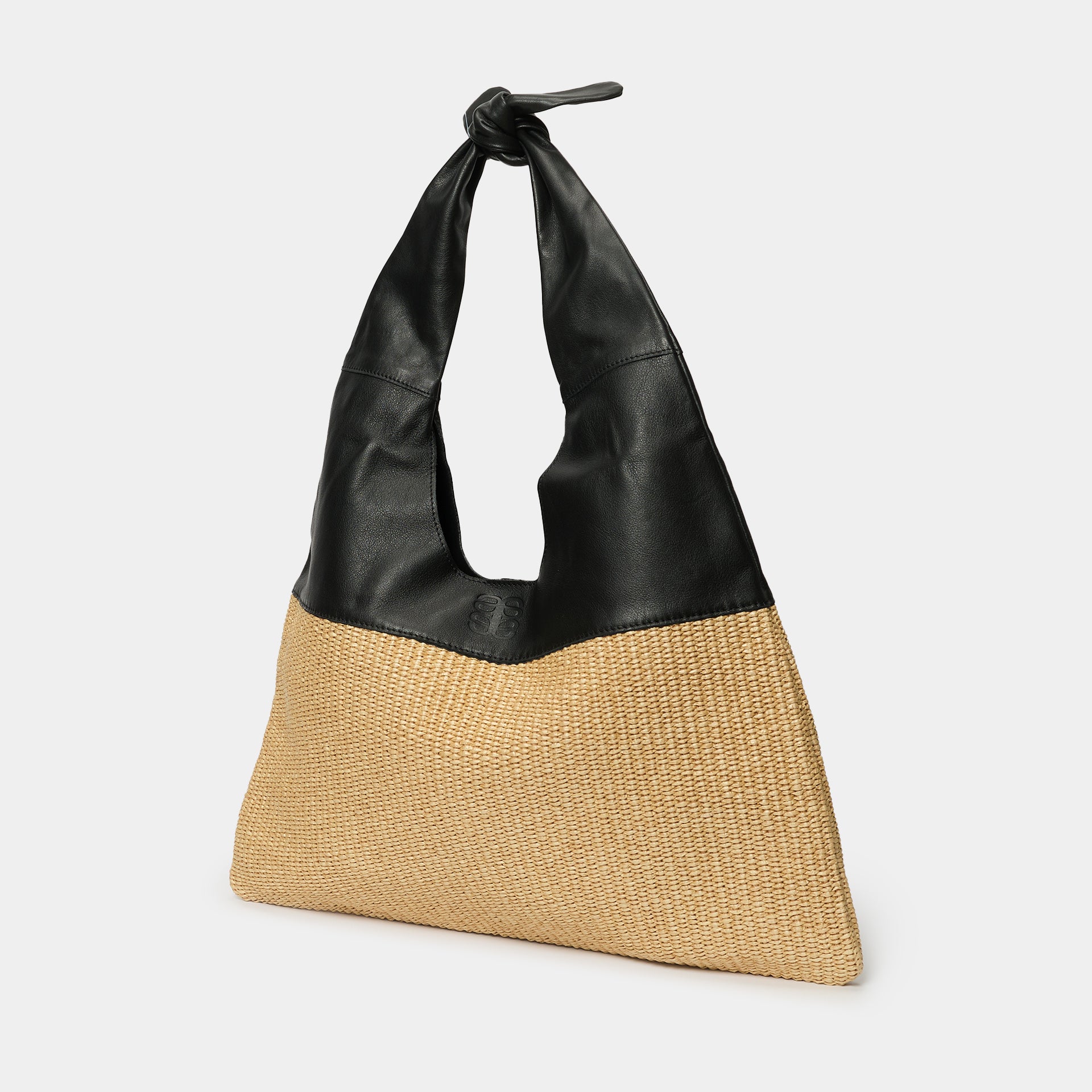 Borsa Arron in pelle nera e rafia naturale con fiocco a spalla