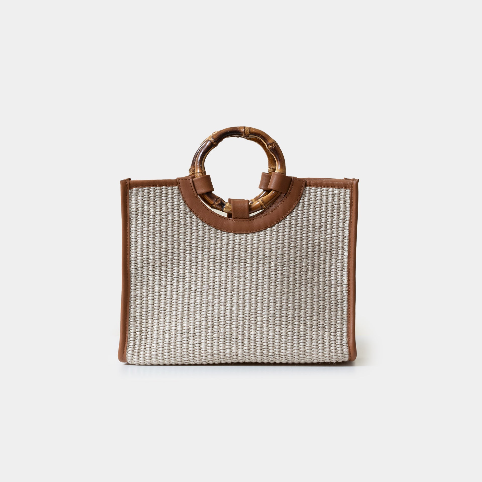 Bamboo bag in rafia taupe e pelle cuoio con manico in bamboo Arron small