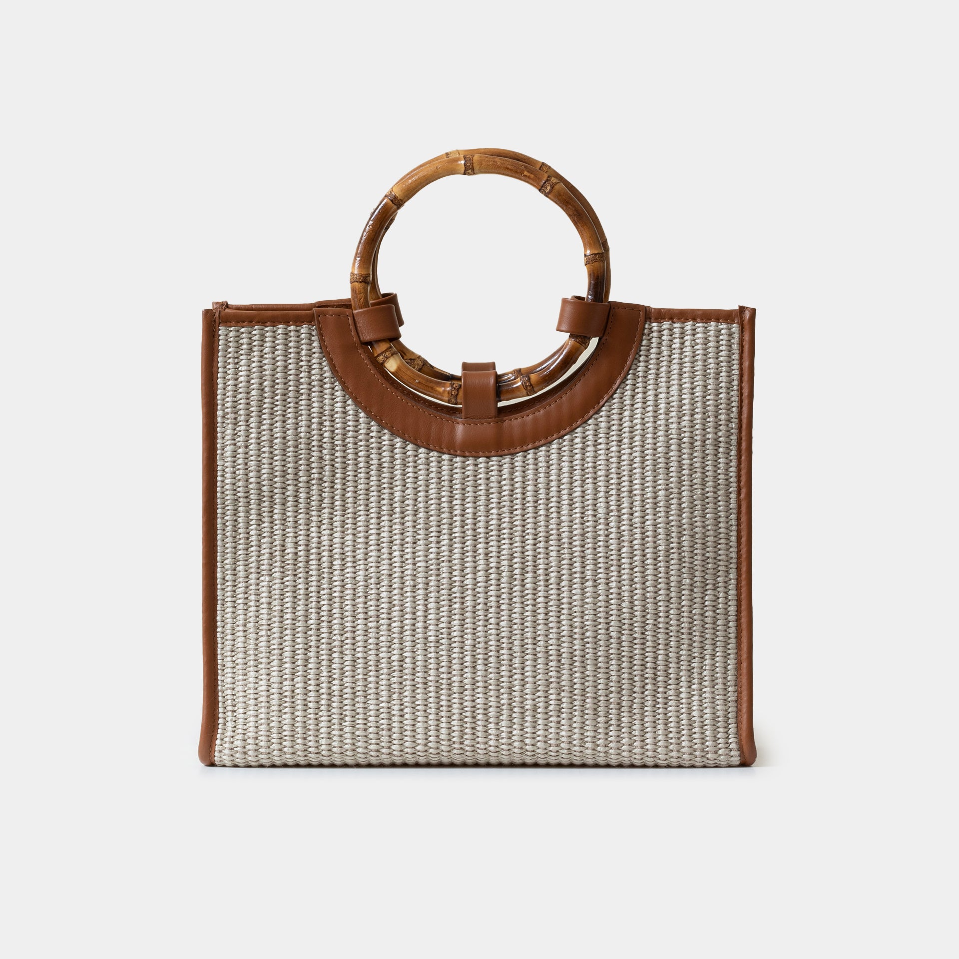 Bamboo bag in rafia taupe e pelle cuoio con manico in bamboo Arron e tracolla taglia media