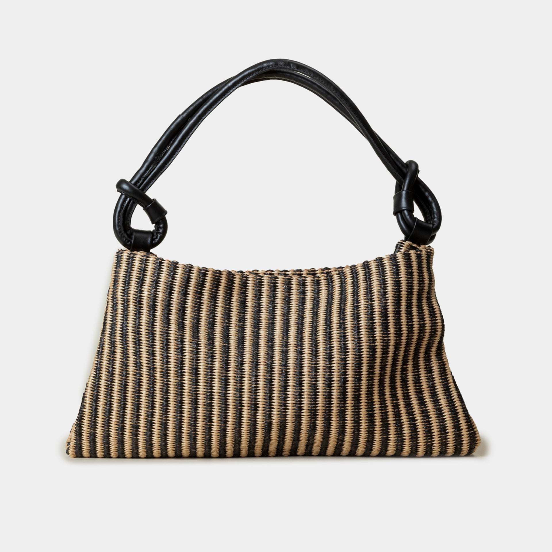 borsa grande Arron in rafia rigata e pelle nera con manico a nodo e tracolla