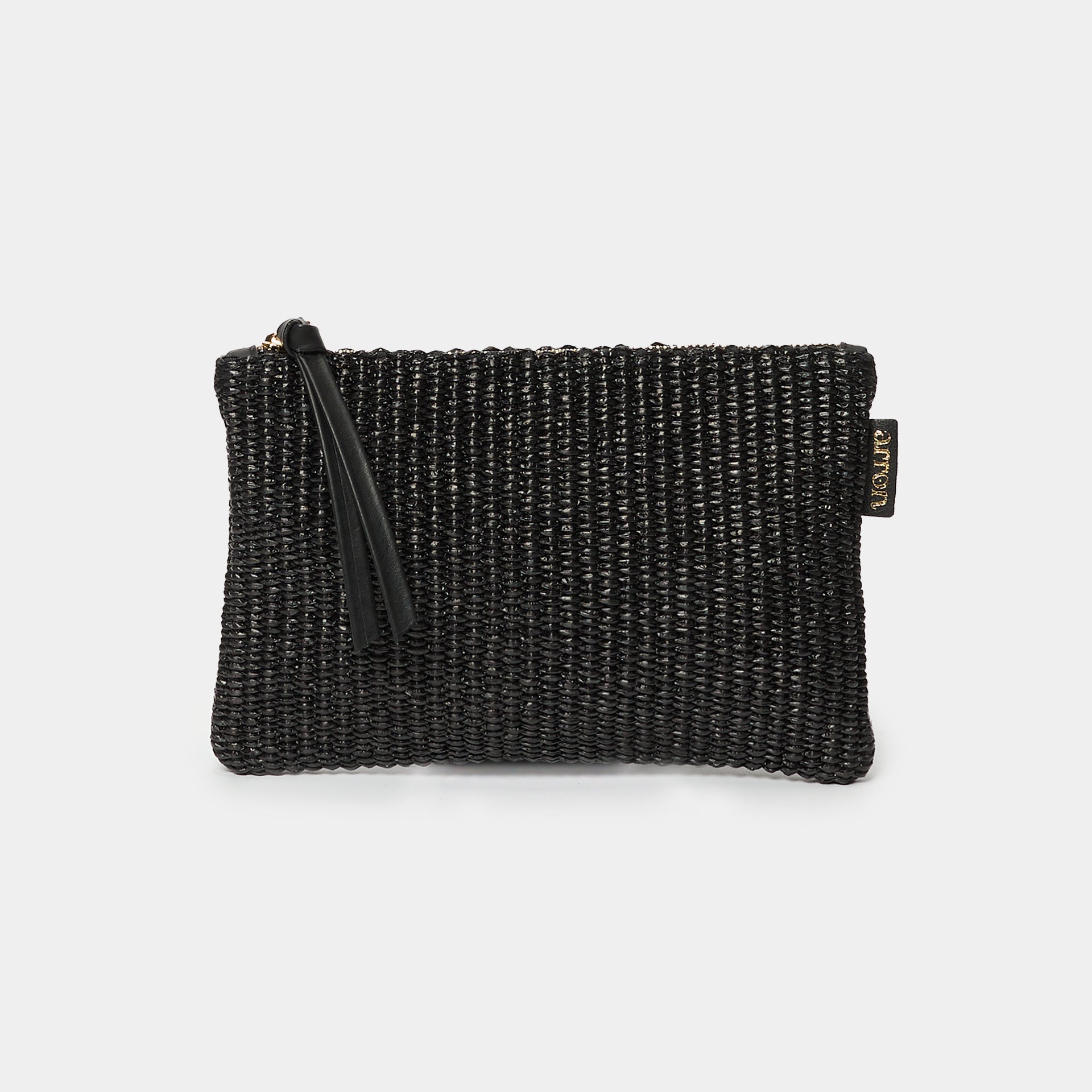 borsetta pochette per trucchi pouch in rafia nera Arron con zip