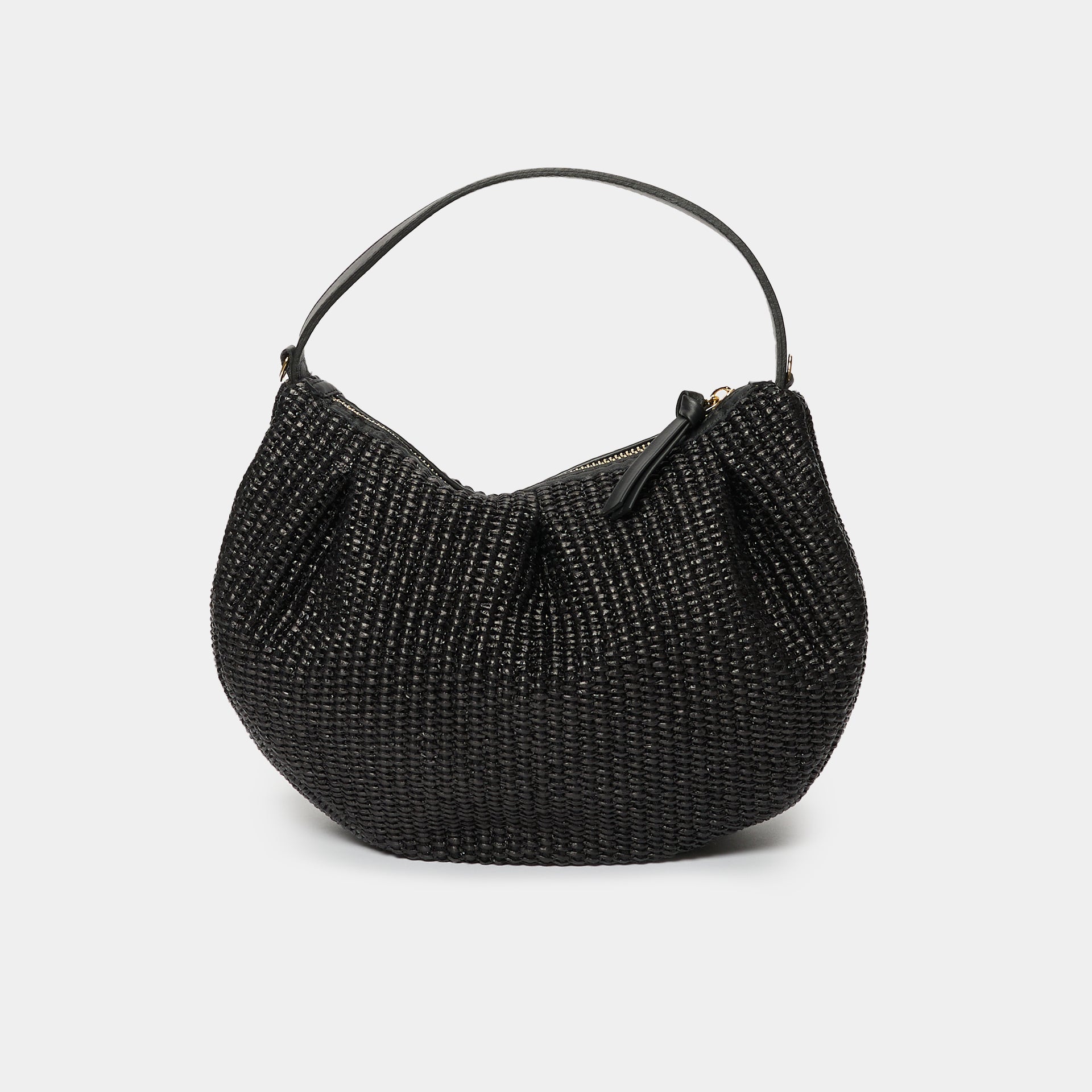 borsa a mezzaluna in rafia e pelle nera Arron a tracolla e a mano