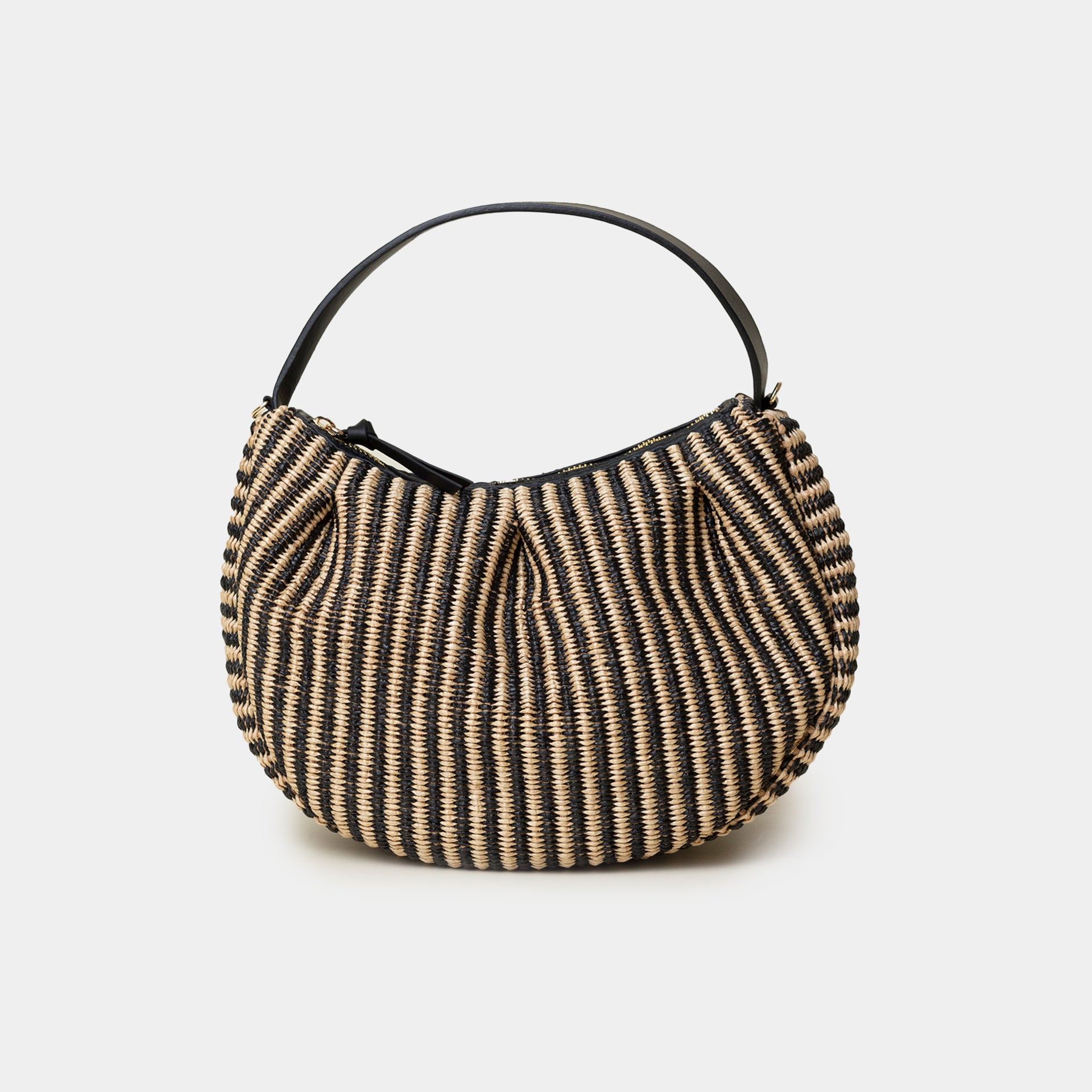 borsa ARRON a mezzaluna in rafia rigata e pelle nera a tracolla e a mano