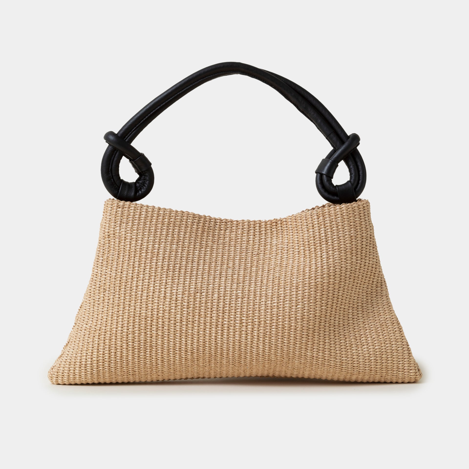 borsa Arron in rafia naturale e pelle nera con manico a nodo e tracolla