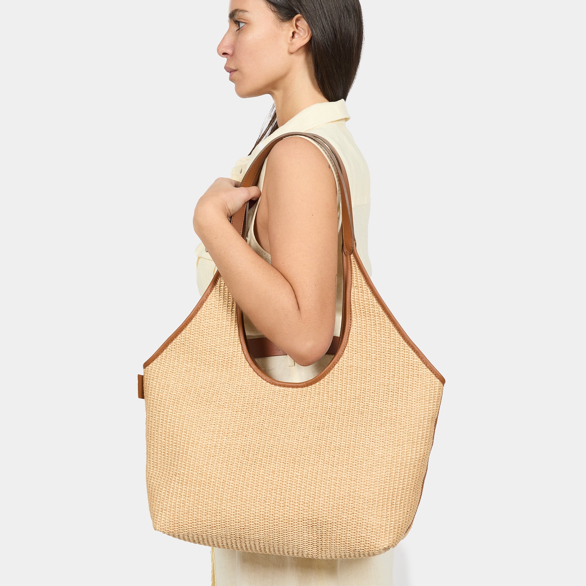 borsa ARRON hobo shopper grande in rafia naturale e pelle cuoio