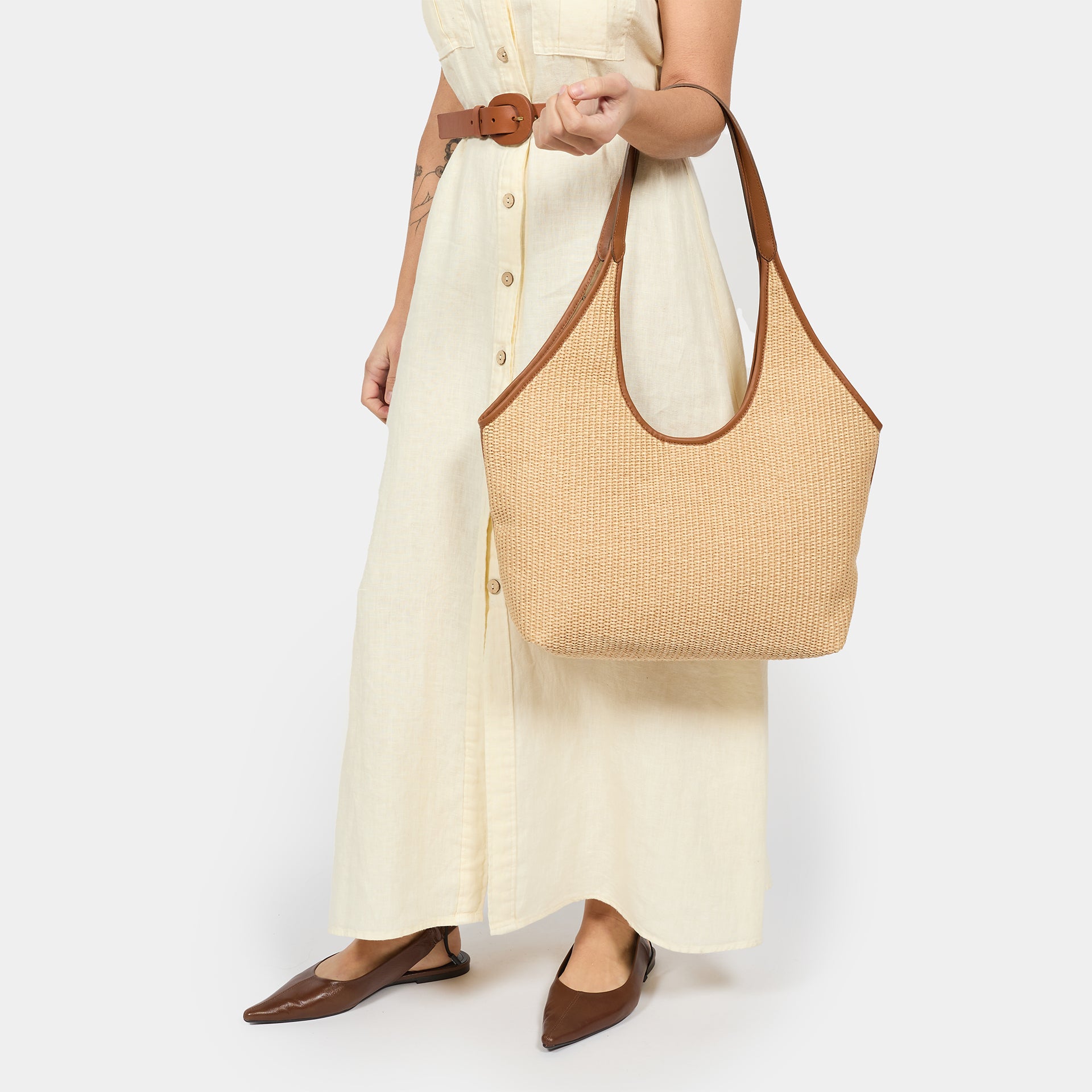 borsa ARRON hobo shopper grande in rafia naturale ECRù e pelle cuoio