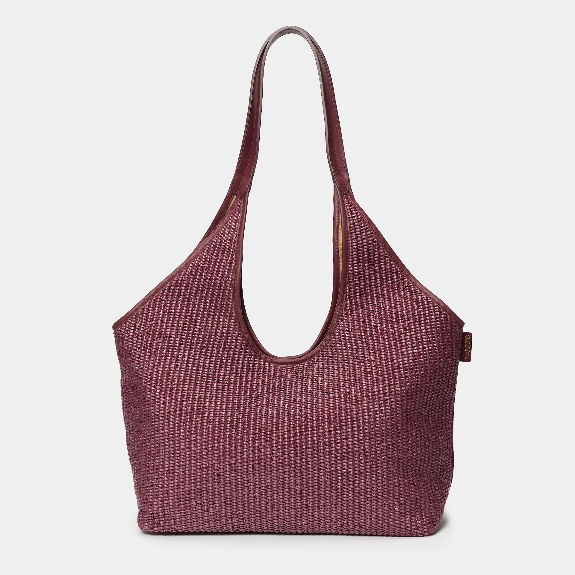 borsa hobo shopper grande ARRON in rafia e pelle color prugna