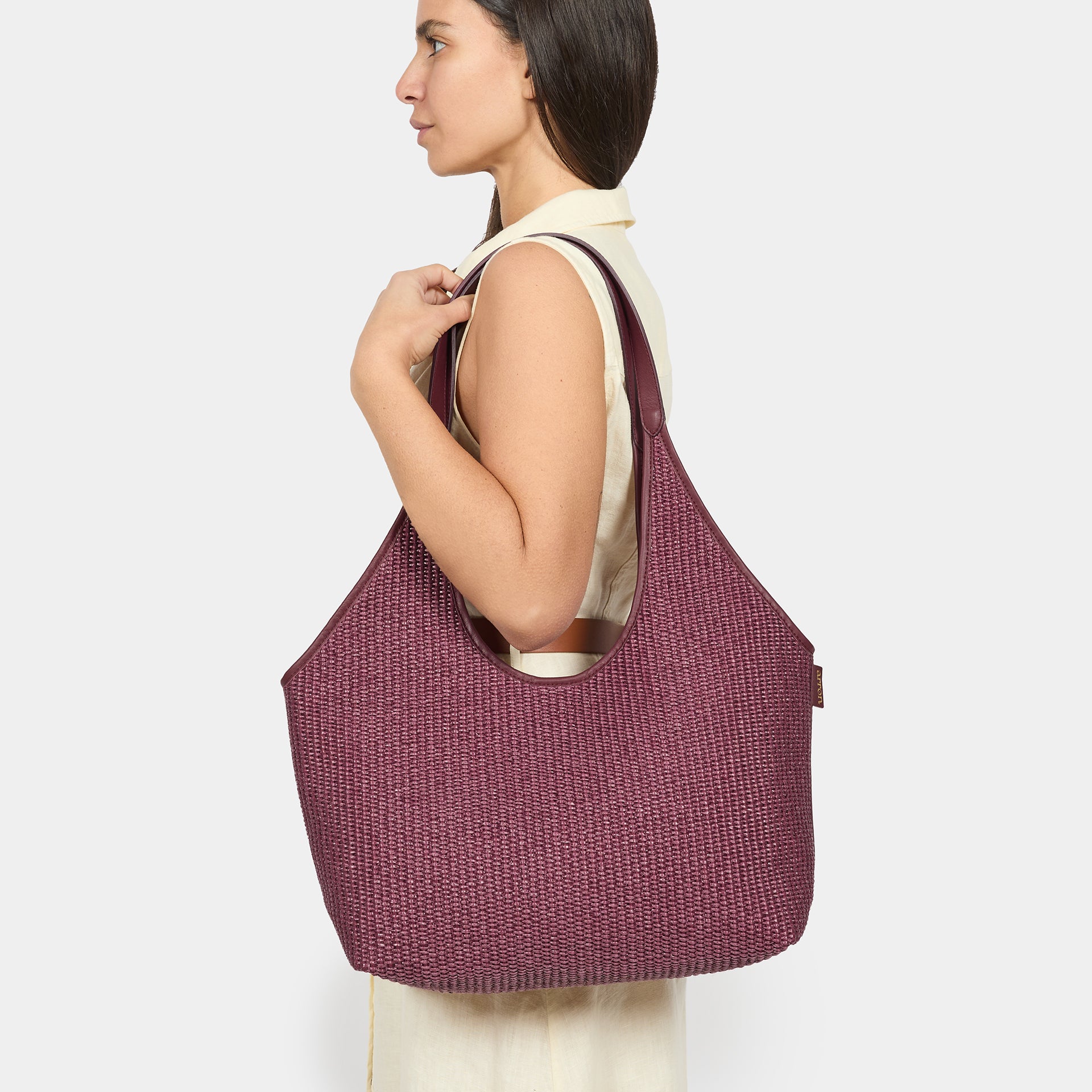 borsa hobo shopper grande ARRON in rafia e pelle color prugna