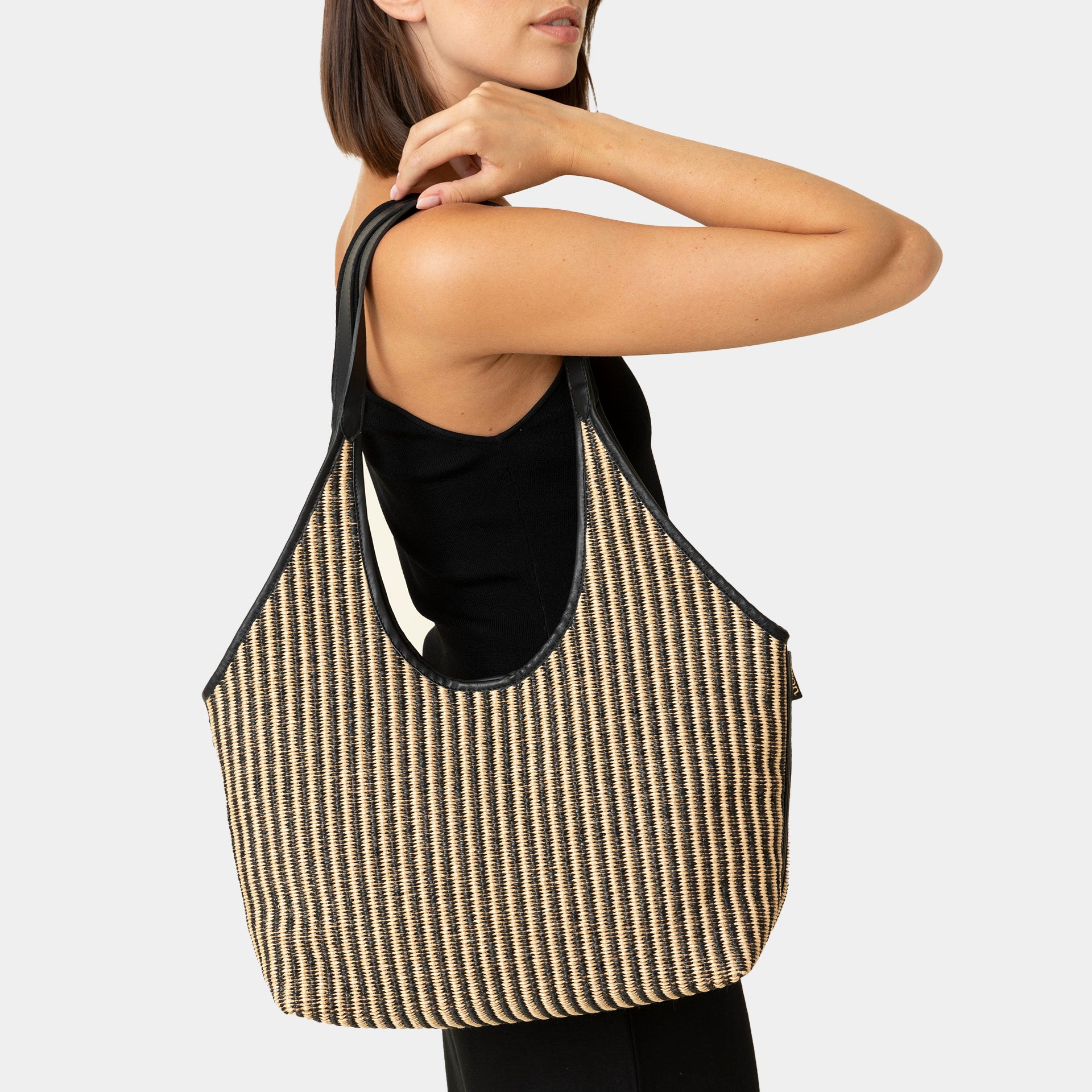 borsa ARRON hobo shopper grande in rafia naturale e pelle cuoio