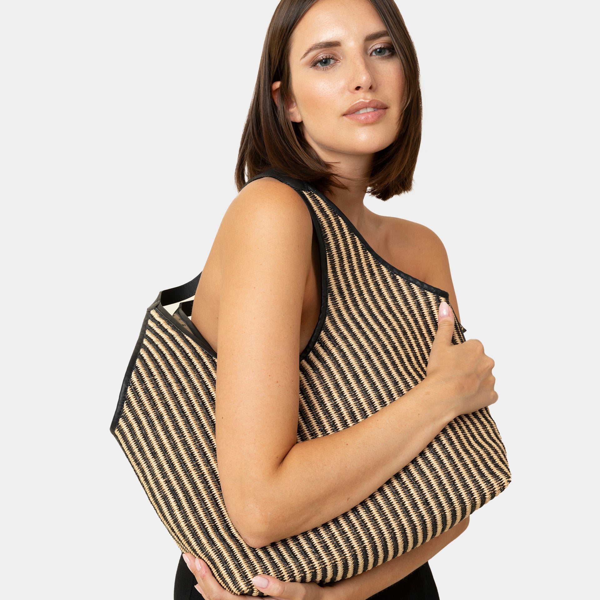 borsa ARRON hobo shopper grande in rafia naturale e pelle cuoio