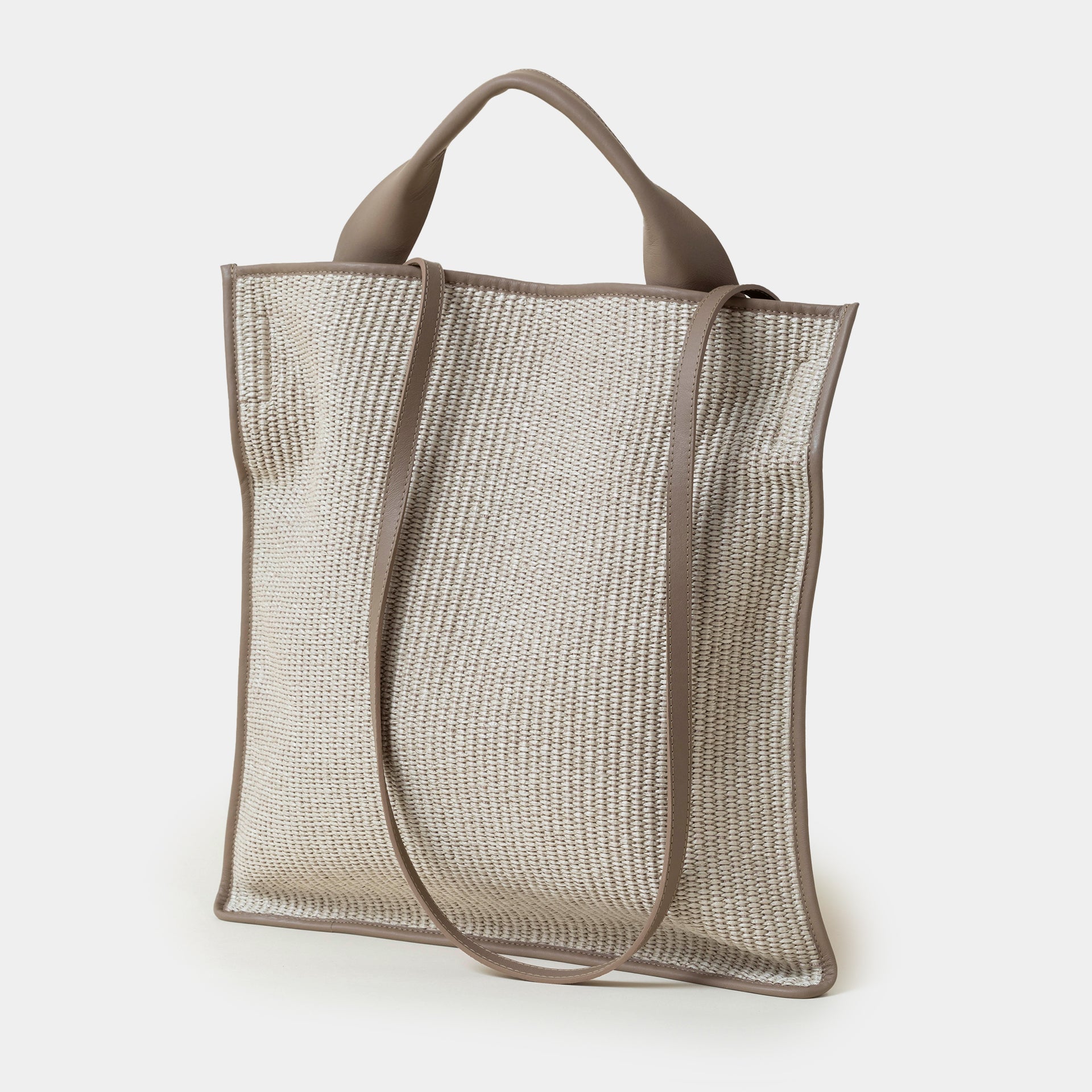 borsa shopper ARRON in rafia e pelle color taupe a tracolla e a spalla