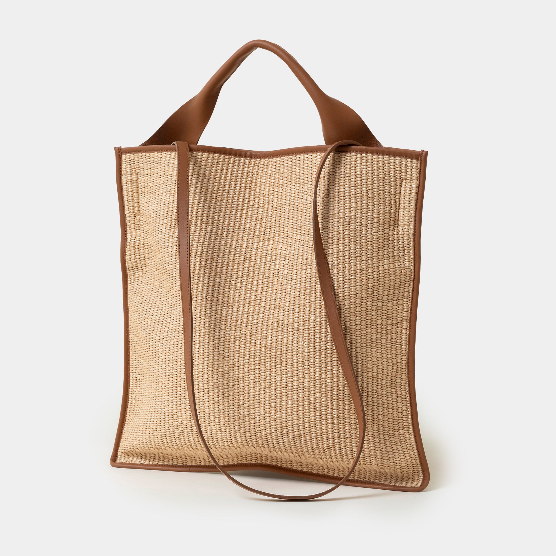 borsa shopper ARRON in rafia ecru e pelle color camel a tracolla e a spalla