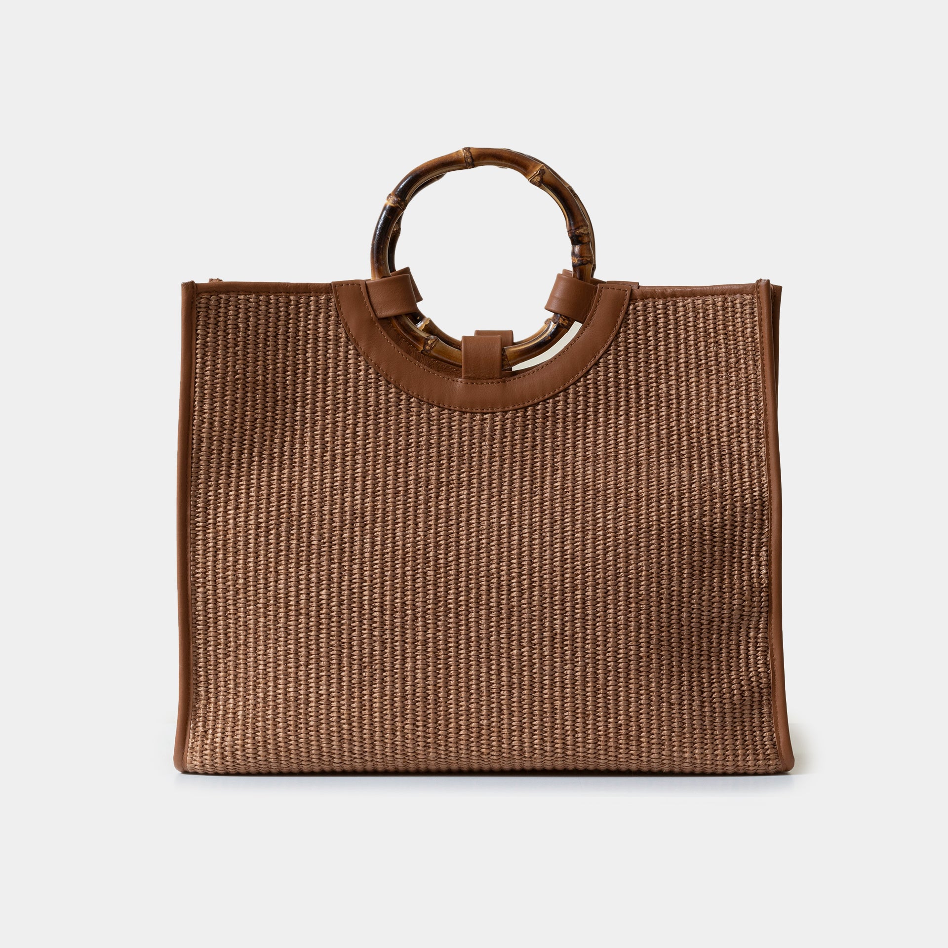 Bamboo bag in paglia e pelle marrone con manico in bamboo Arron e tracolla taglia grande