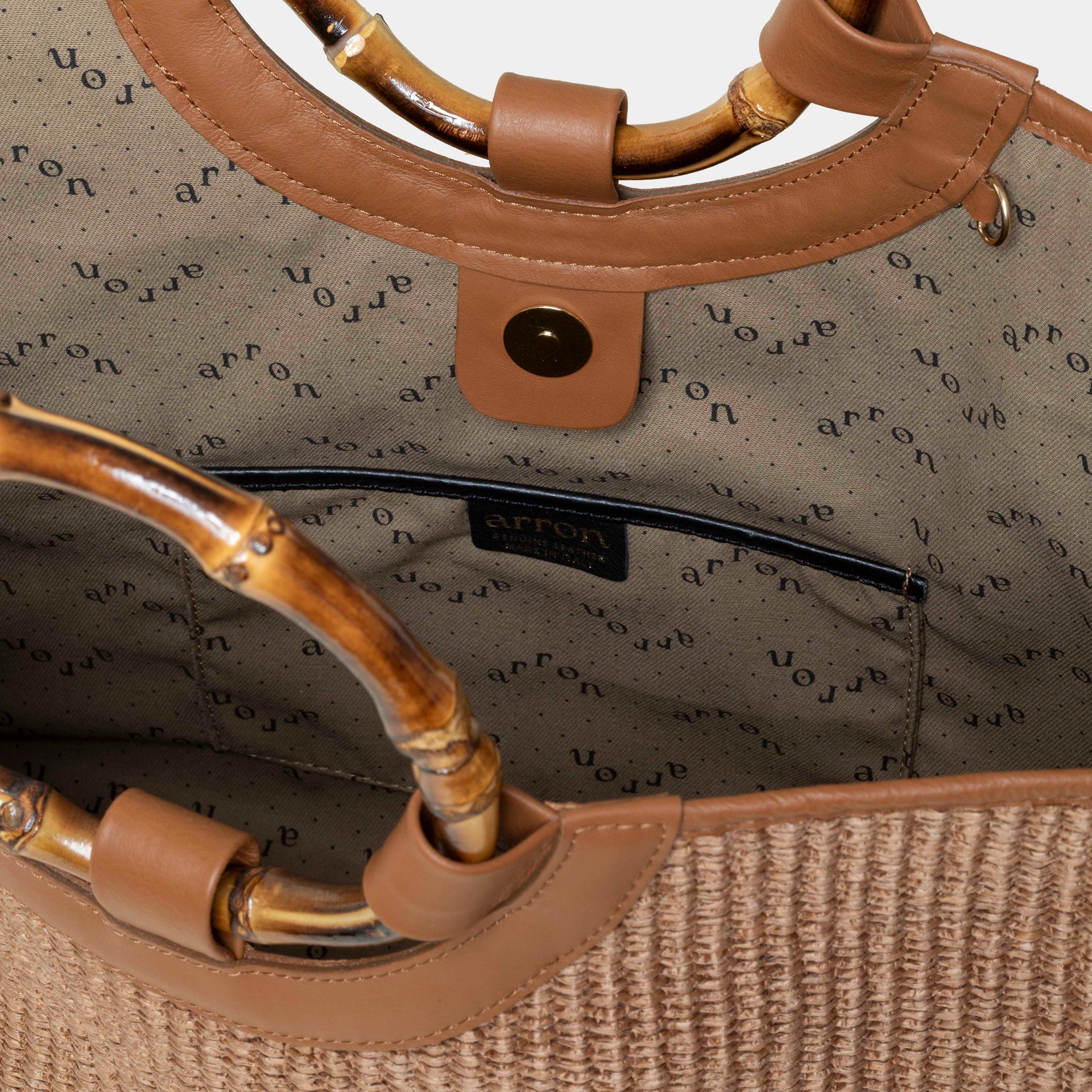 Bamboo bag in paglia e pelle marrone con manico in bamboo Arron e tracolla taglia grande
