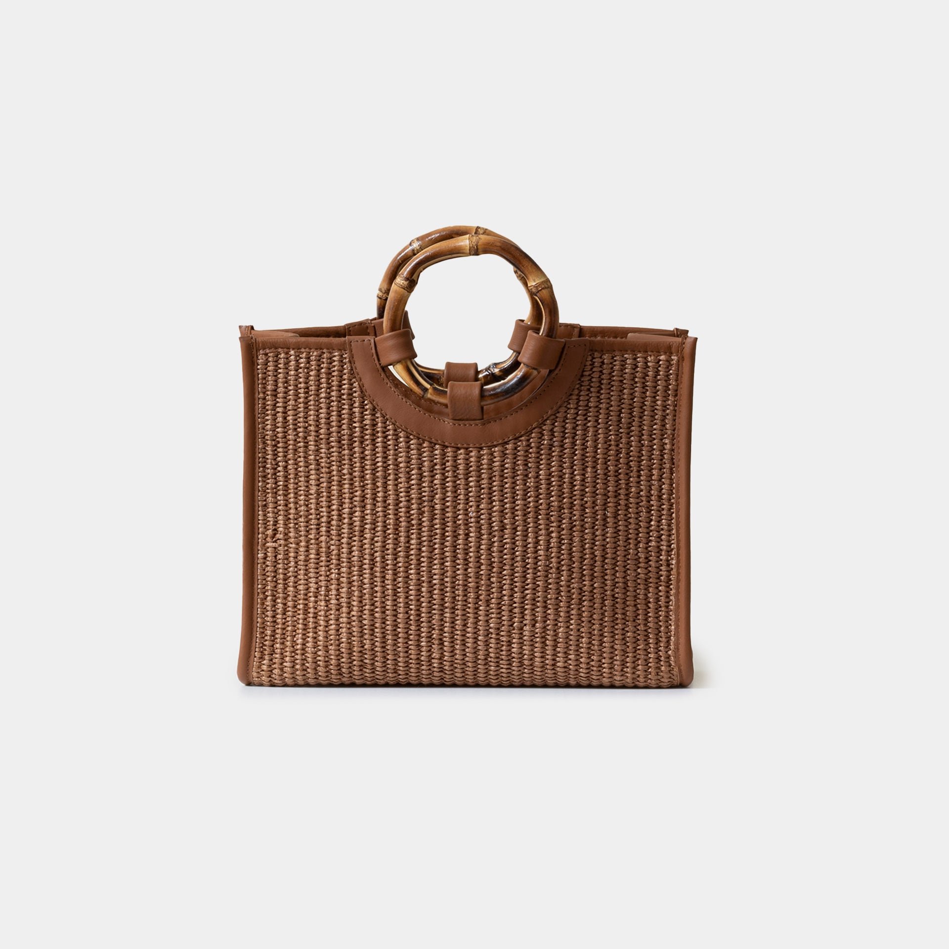 Bamboo bag in paglia e pelle marrone con manico in bamboo Arron e tracolla taglia piccola