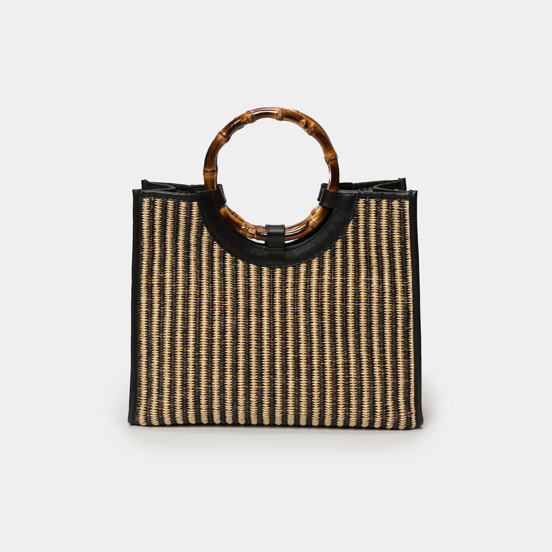 Bamboo bag in rafia rigata e pelle nera con manico in bamboo Arron e tracolla taglia media