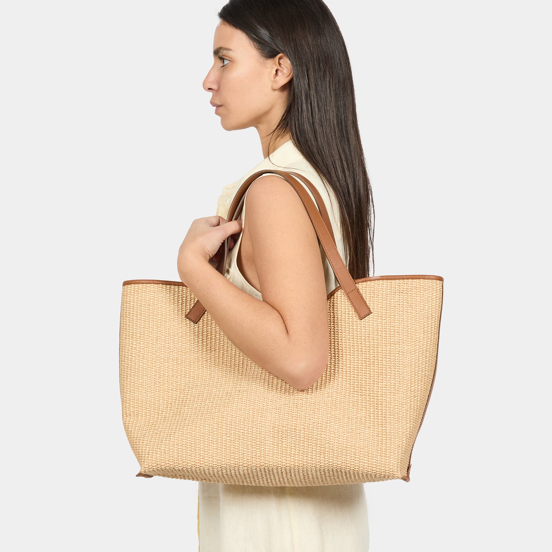 borsa Arron shopper grande in rafia color naturale e cuoio