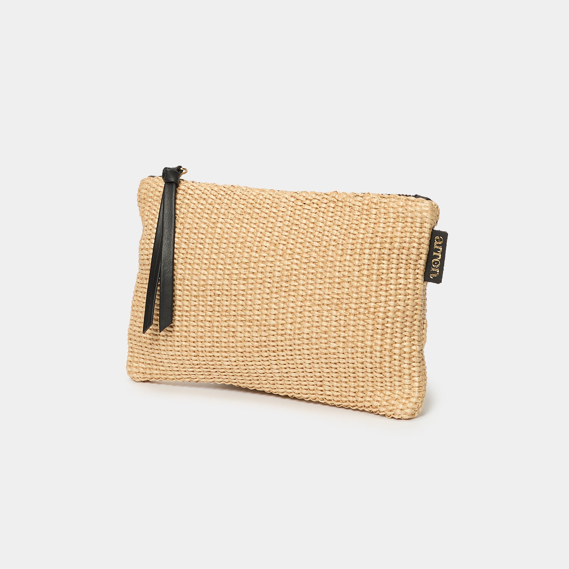 borsetta pochette per trucchi pouch in rafia ecrù Arron con cerniera zip