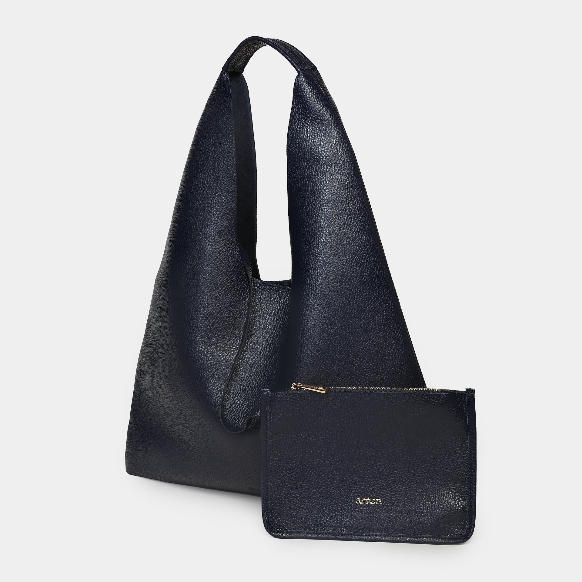 borsa Eva Arron in pelle martellata navy sfoderata vista laterale con taschino Made in Italy