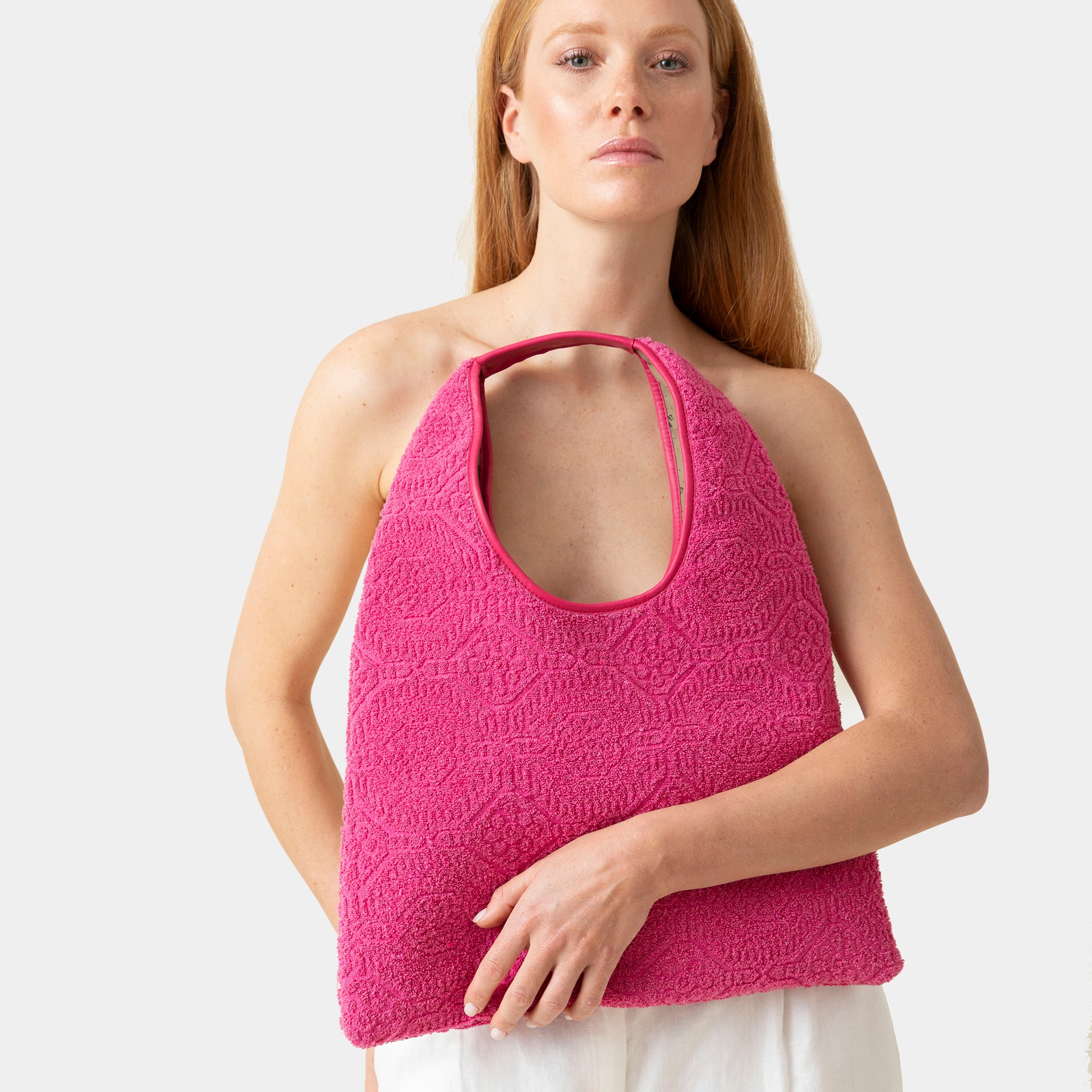 borsa Eva hobo Arron in spugna di cotone fuchsia e pelle