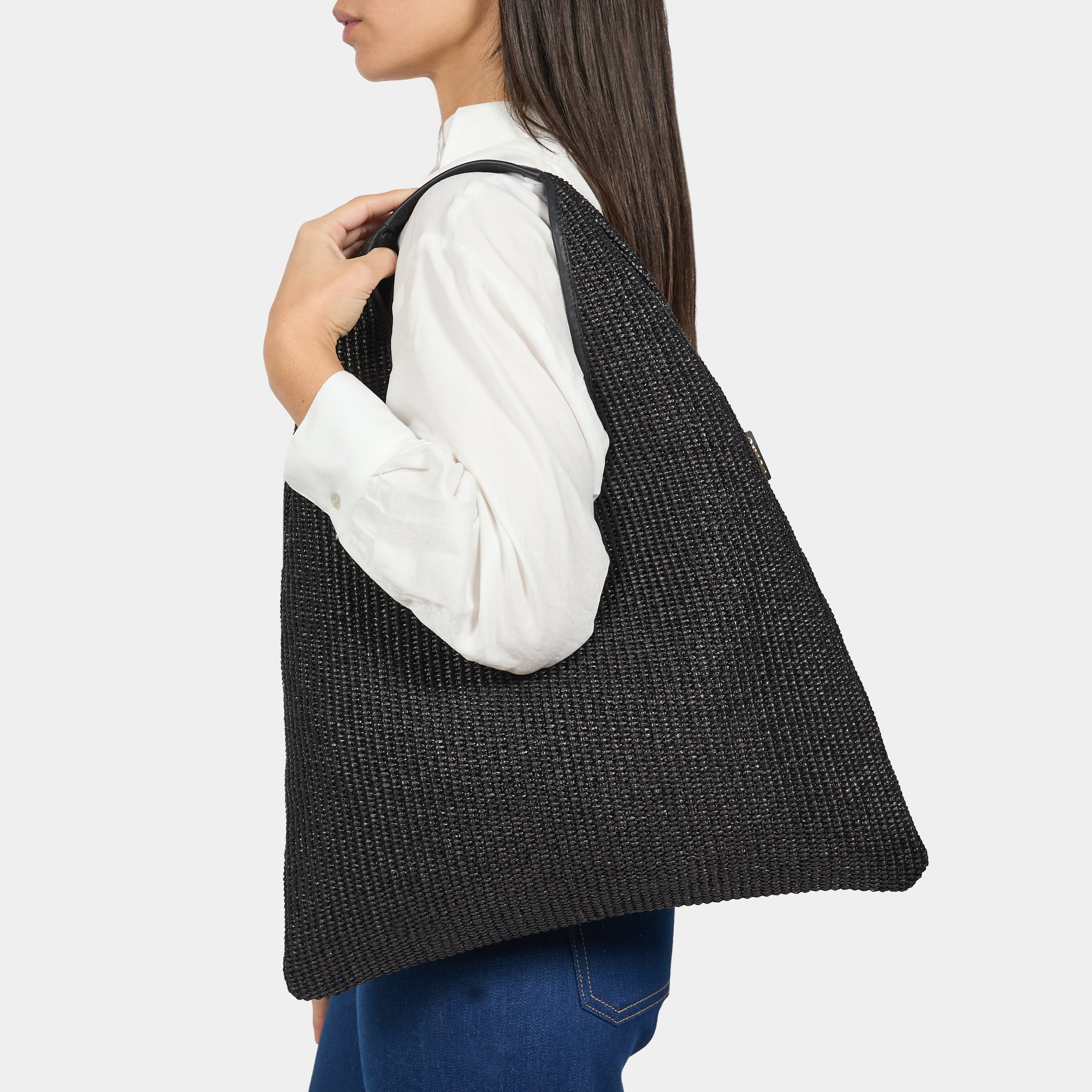 borsa hobo EVA in rafia e pelle color nera brand ARRON