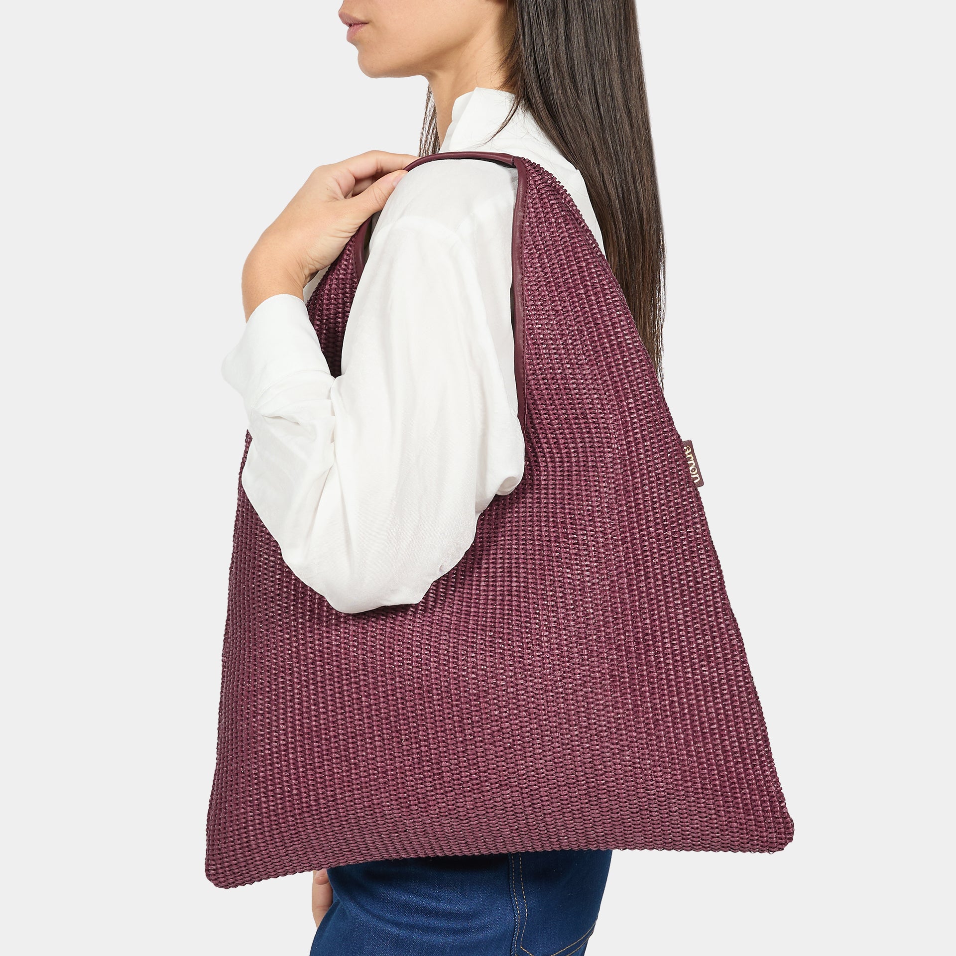borsa hobo Eva in rafia e pelle color prugna brand Arron