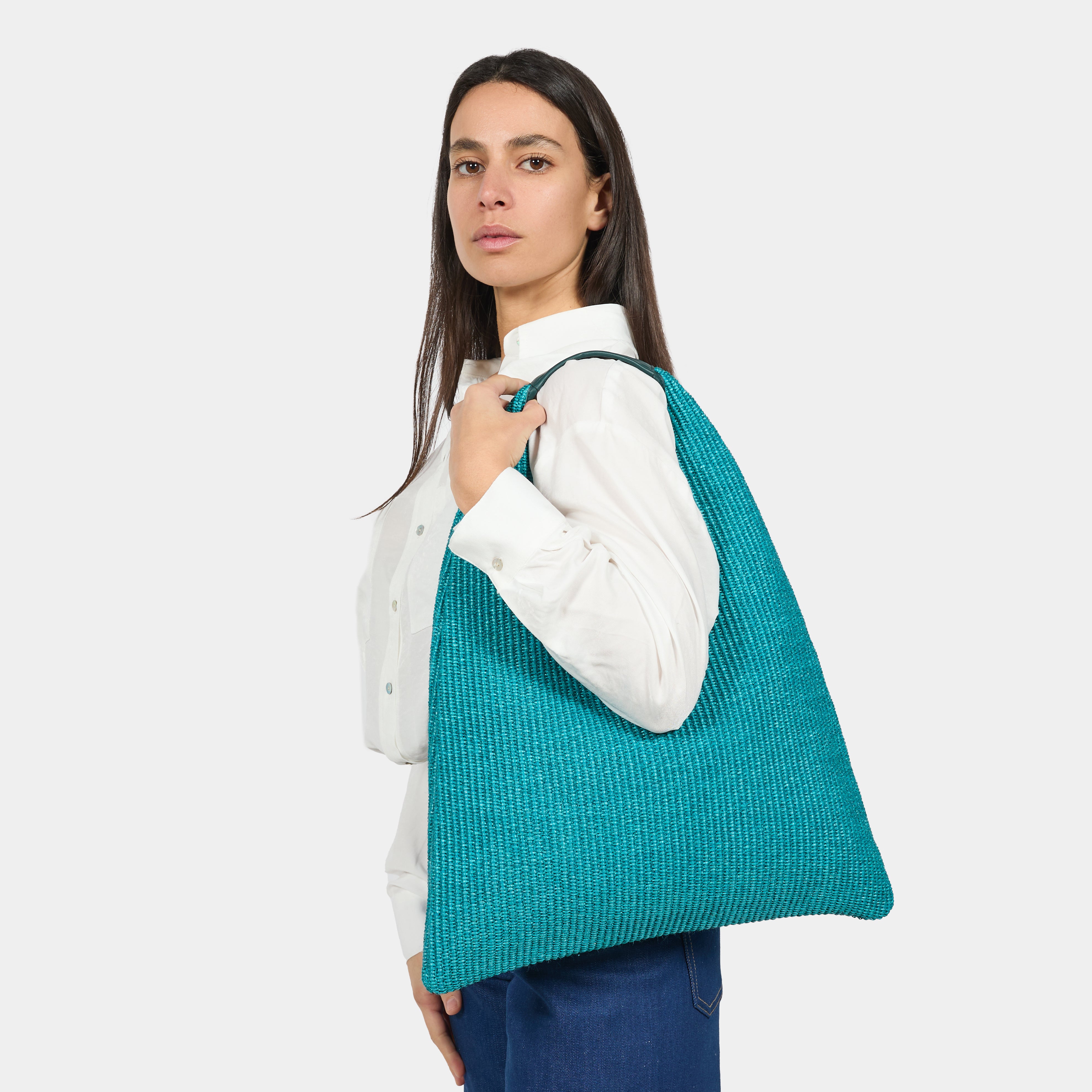 borsa hobo Eva in rafia e pelle color smeraldo brand Arron