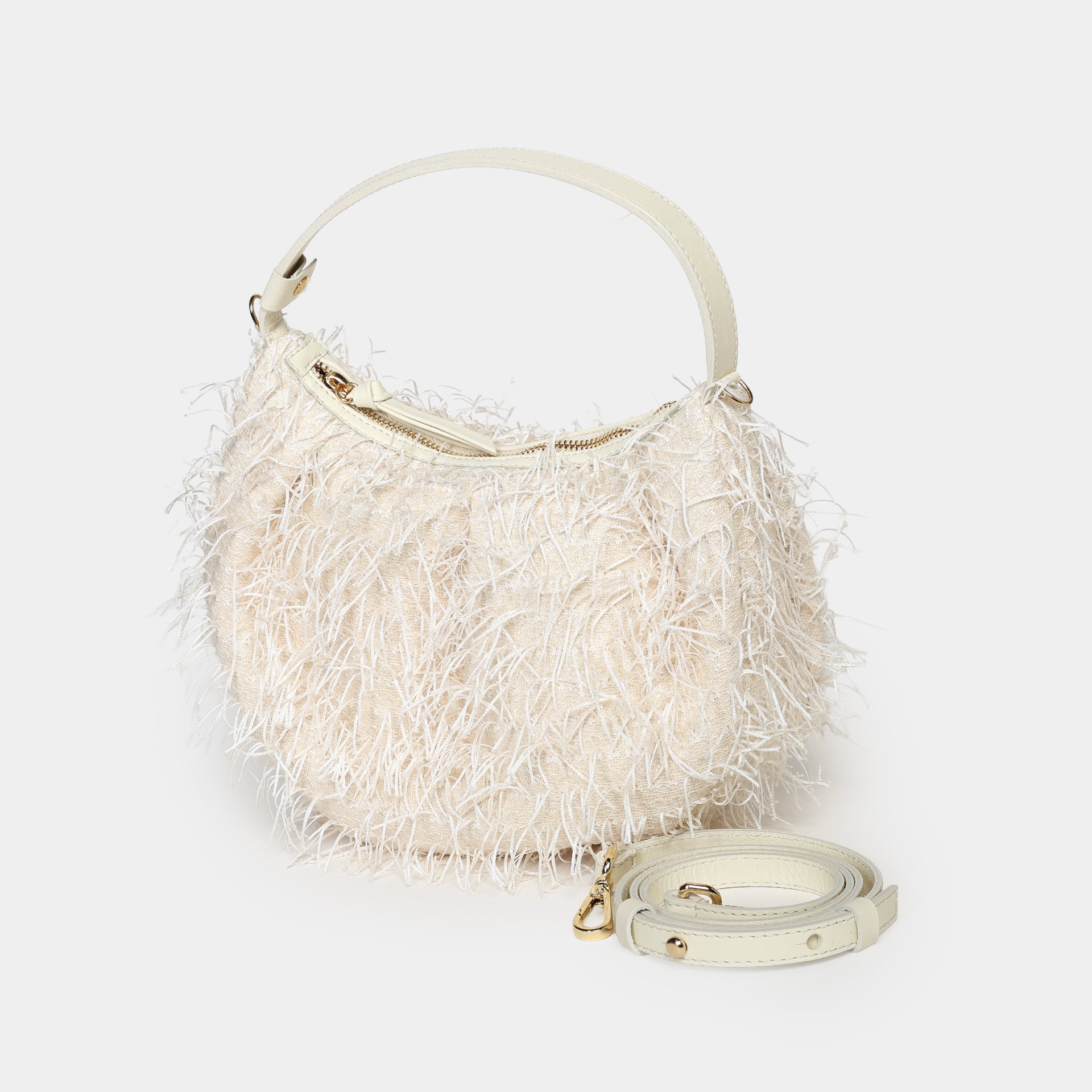 borsa luna Arron con frange burro off white party bag per eventi e cerimonie elegante made in italy tracolla removibile