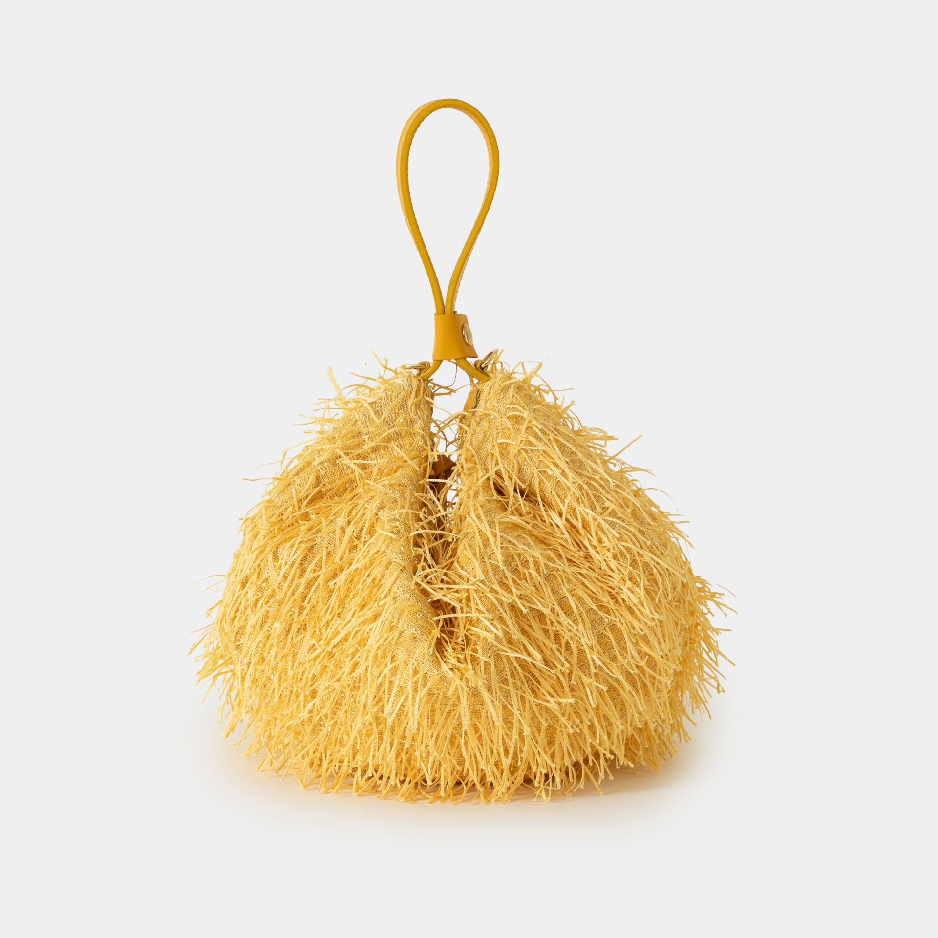 borsa da occasione, da festa, da sera con frange luminosa color giallo limone brand Arron chiusura a sacchetto