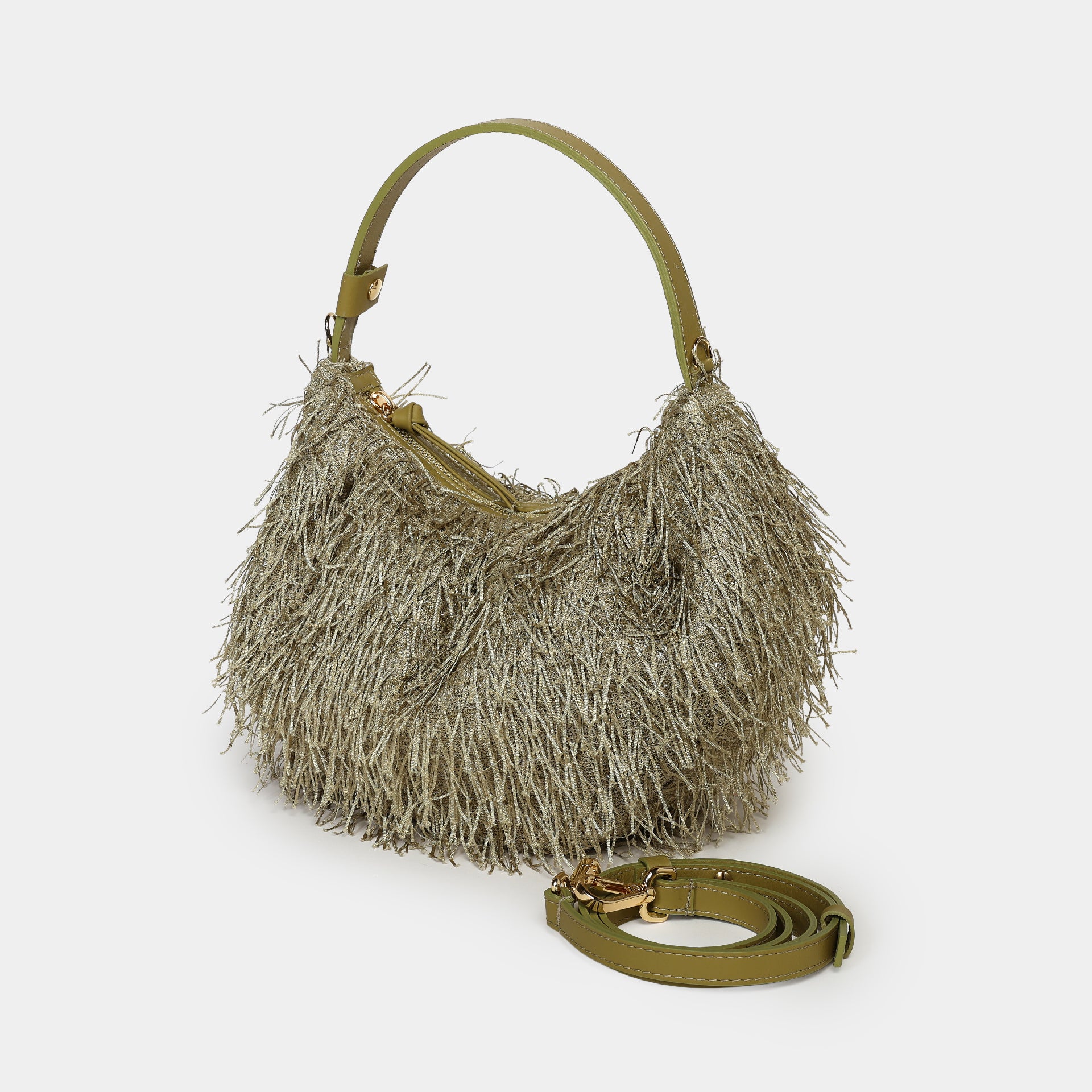 borsa luna Arron con frange salvia party bag per eventi e cerimonie elegante made in italy tracolla removibile