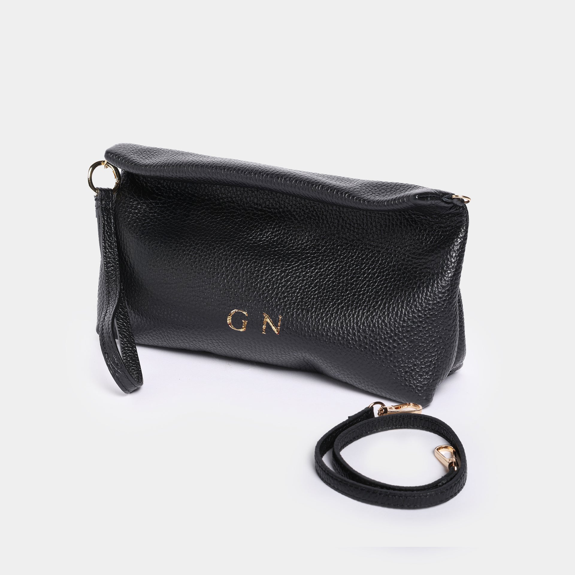 borsa mignon piccola a mano e tracolla brand Arron Made in Italy pelle martellata nera personalizzata con iniziali a caldo per regalo esclusivo