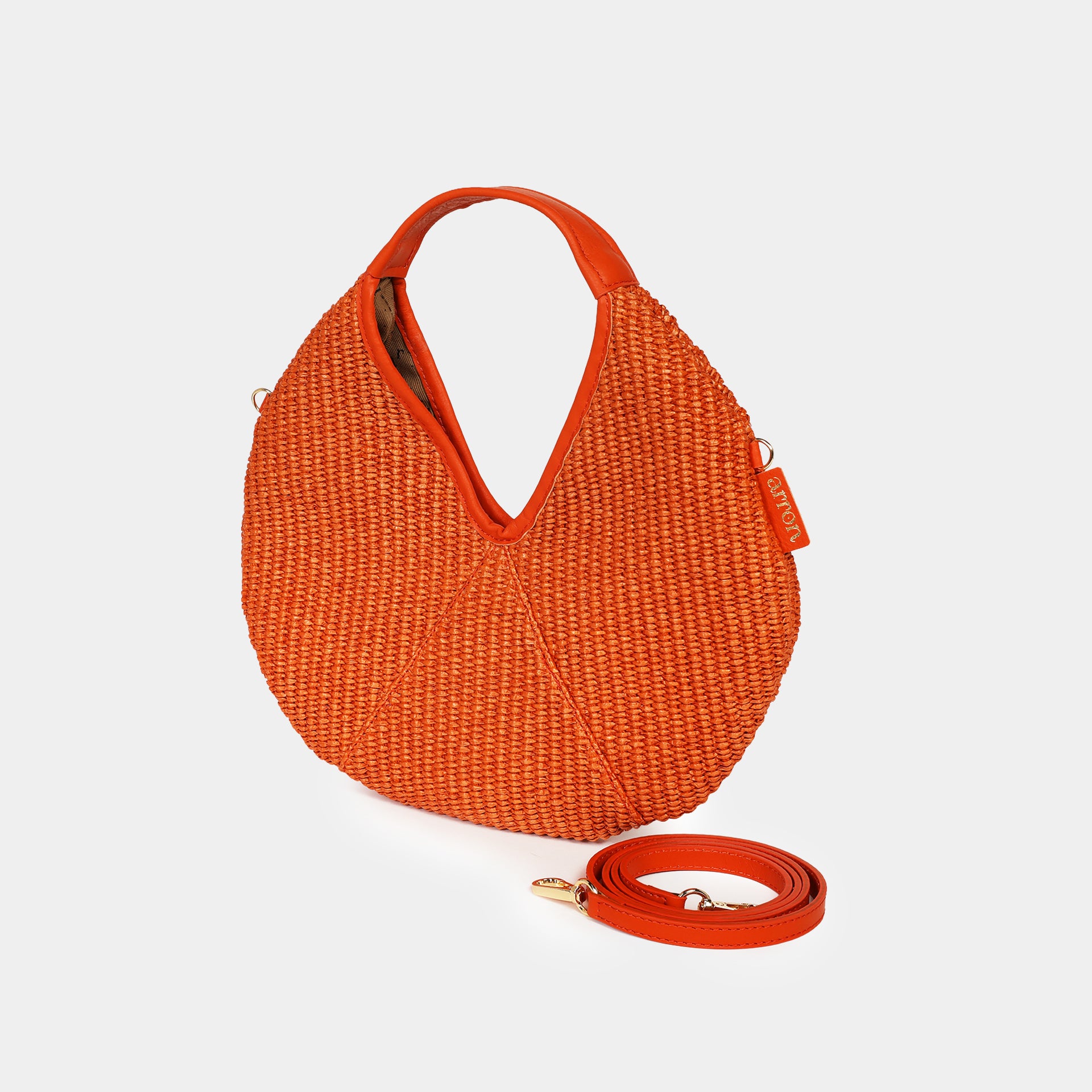 mini borsa in rafia arancione Arron Made in Italy laterale con tracolla