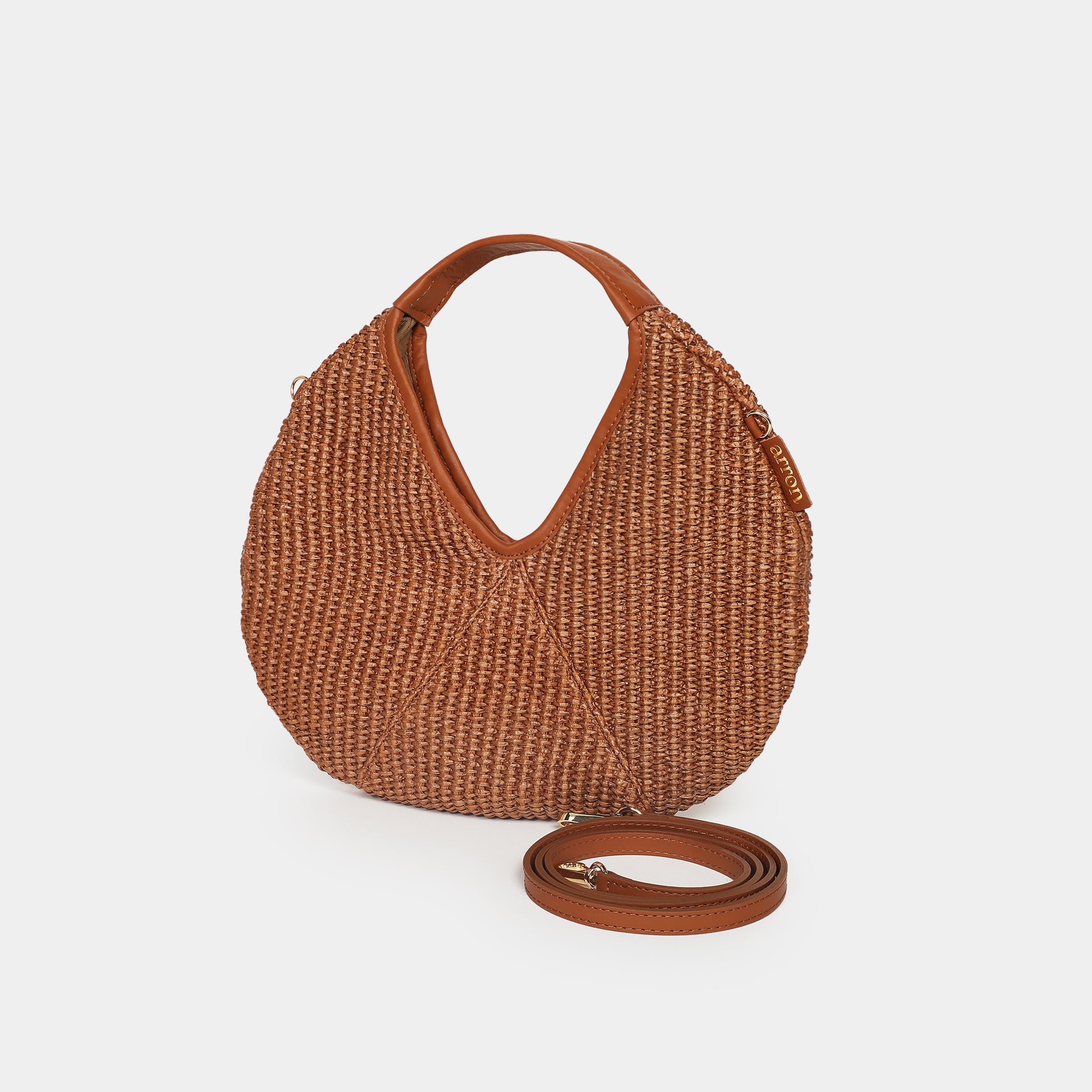 mini borsa Arron in rafia nocciola e pelle made in Italy laterale con tracolla