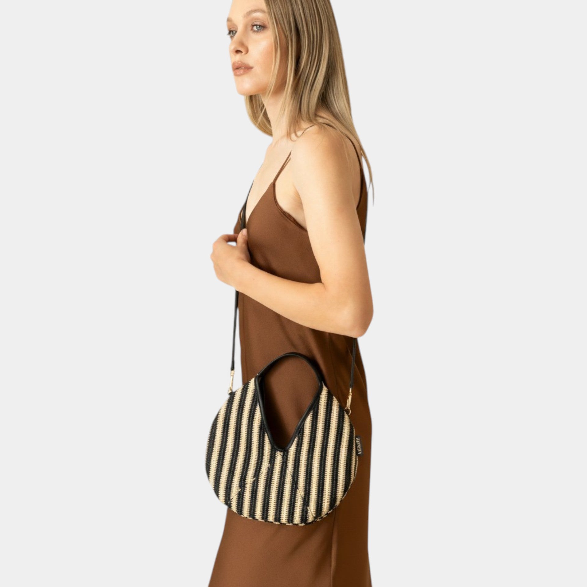 borsa mini brand Arron rigata in rafia