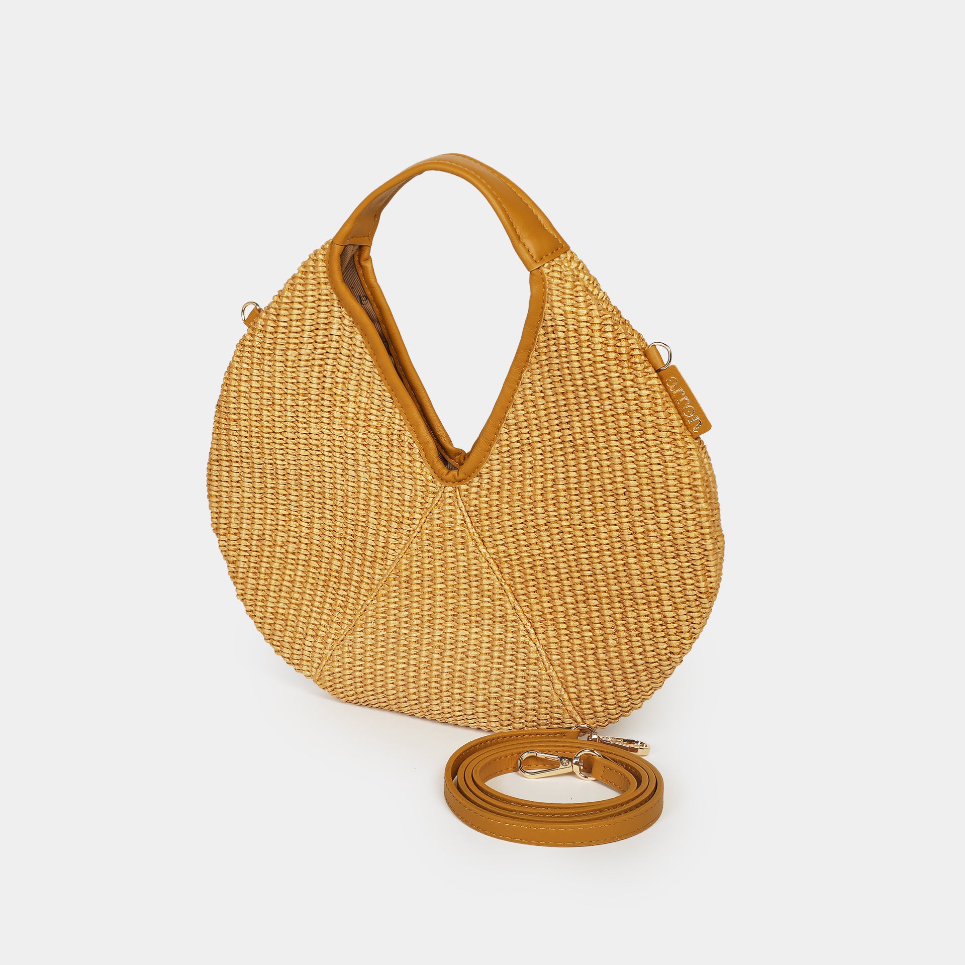 mini borsa Arron in rafia e pelle senape made in Italy con tracolla