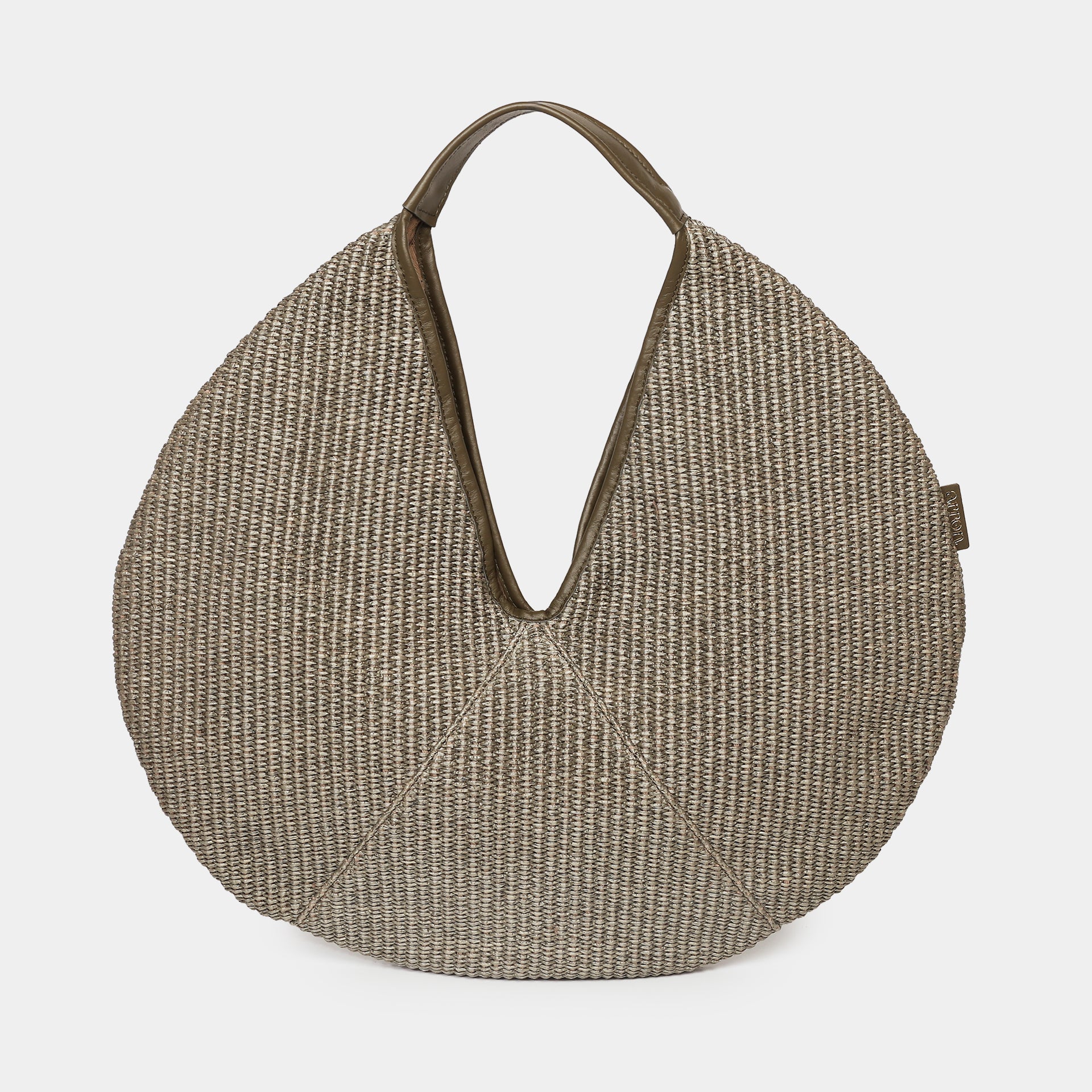 Borsa hobo rotonda in rafia e pelle muschio design minimale e contemporaneo frontale