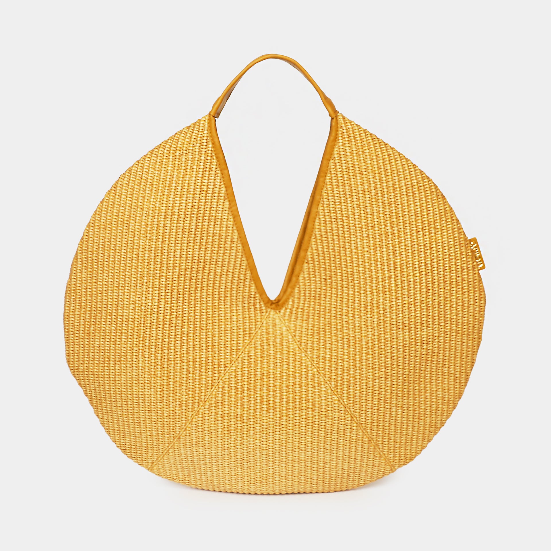 Borsa hobo rotonda in rafia e pelle senape design minimale e contemporaneo frontale