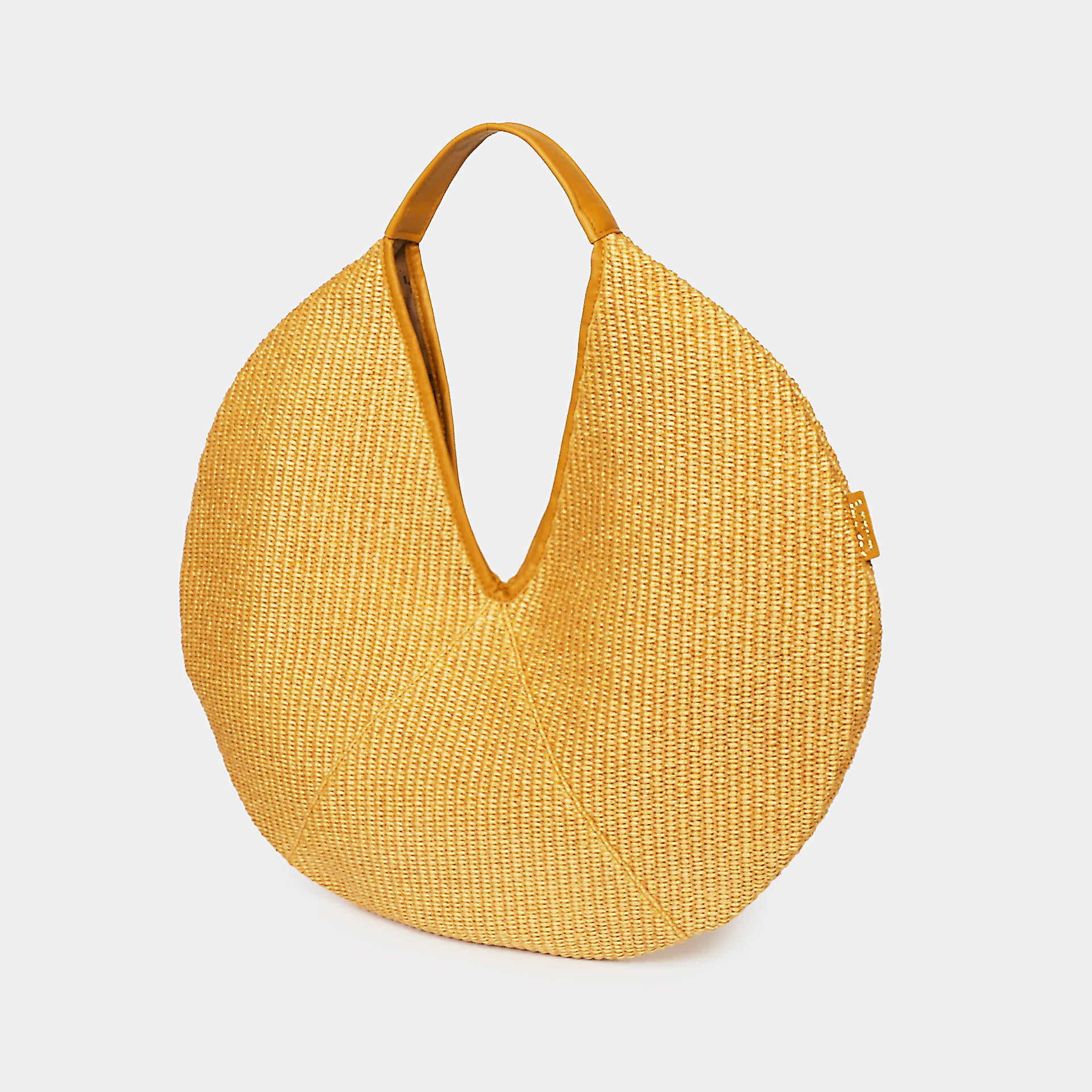 Borsa hobo rotonda in rafia e pelle senape design minimale e contemporaneo laterale