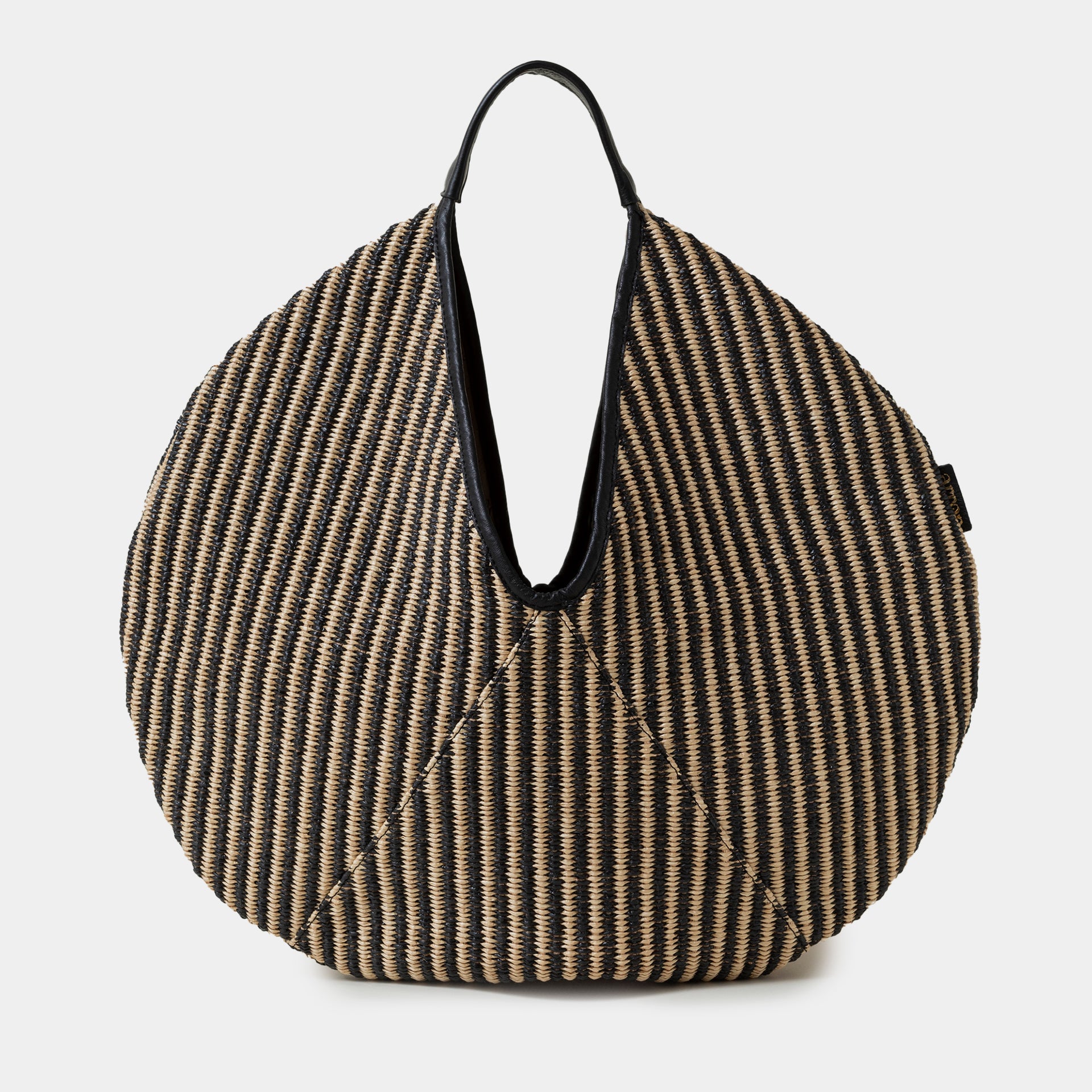borsa rotonda NOA del brand ARRON in rafia rigata e pelle nera