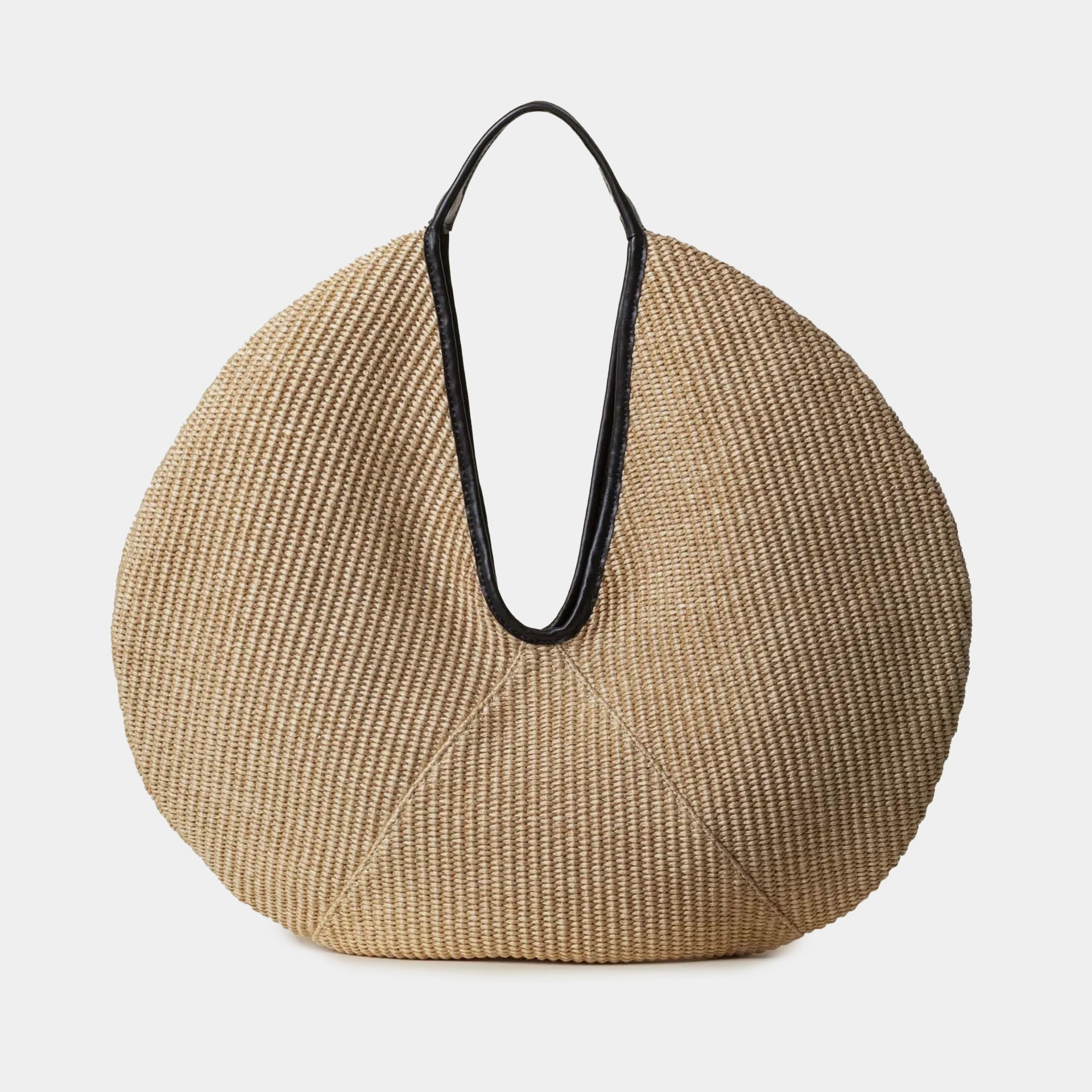 borsa rotonda NOA del brand ARRON in rafia ecrù e pelle nera