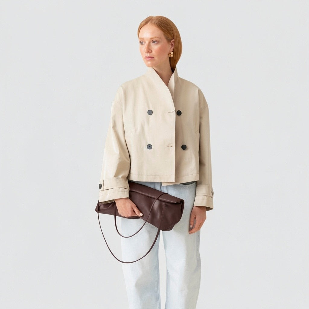 borsa Otta made in Italy del brand Arron in pelle color bruciato marrone, forma allungata east west, trendy, leggera manici fini indossata