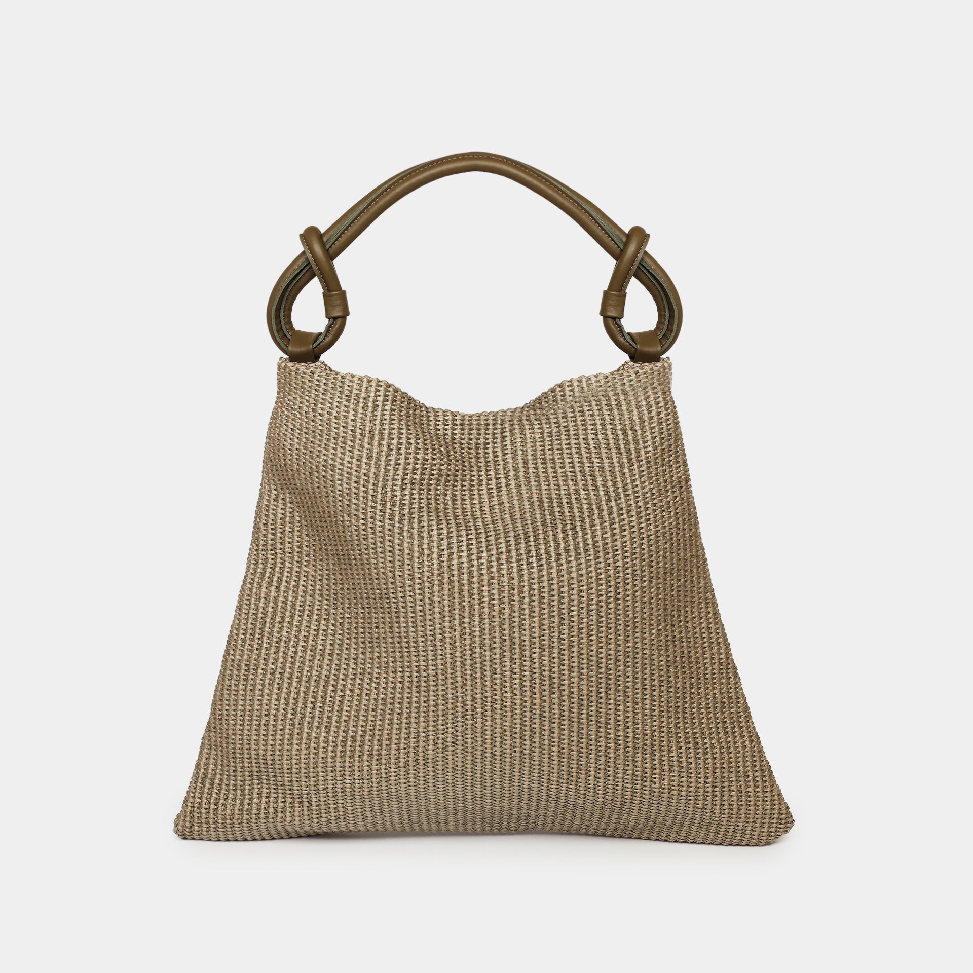 Borsa hobo poppy in rafia muschio e manico in pelle con nodi taglia grande del marchio Arron