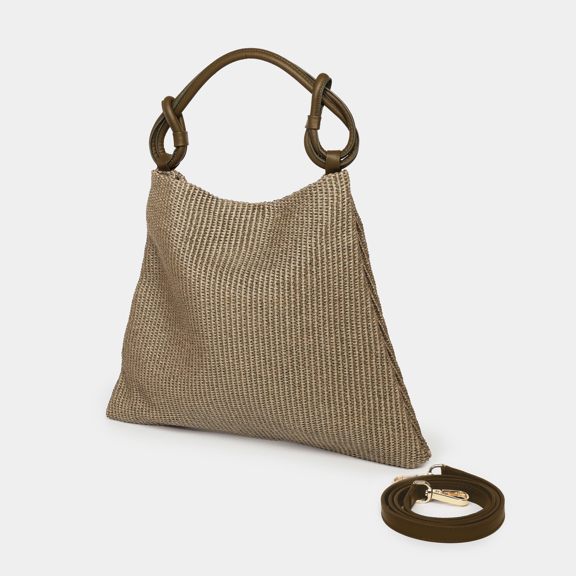 Borsa hobo poppy in rafia muschio e manico in pelle con nodi taglia grande del marchio Arron con tracolla