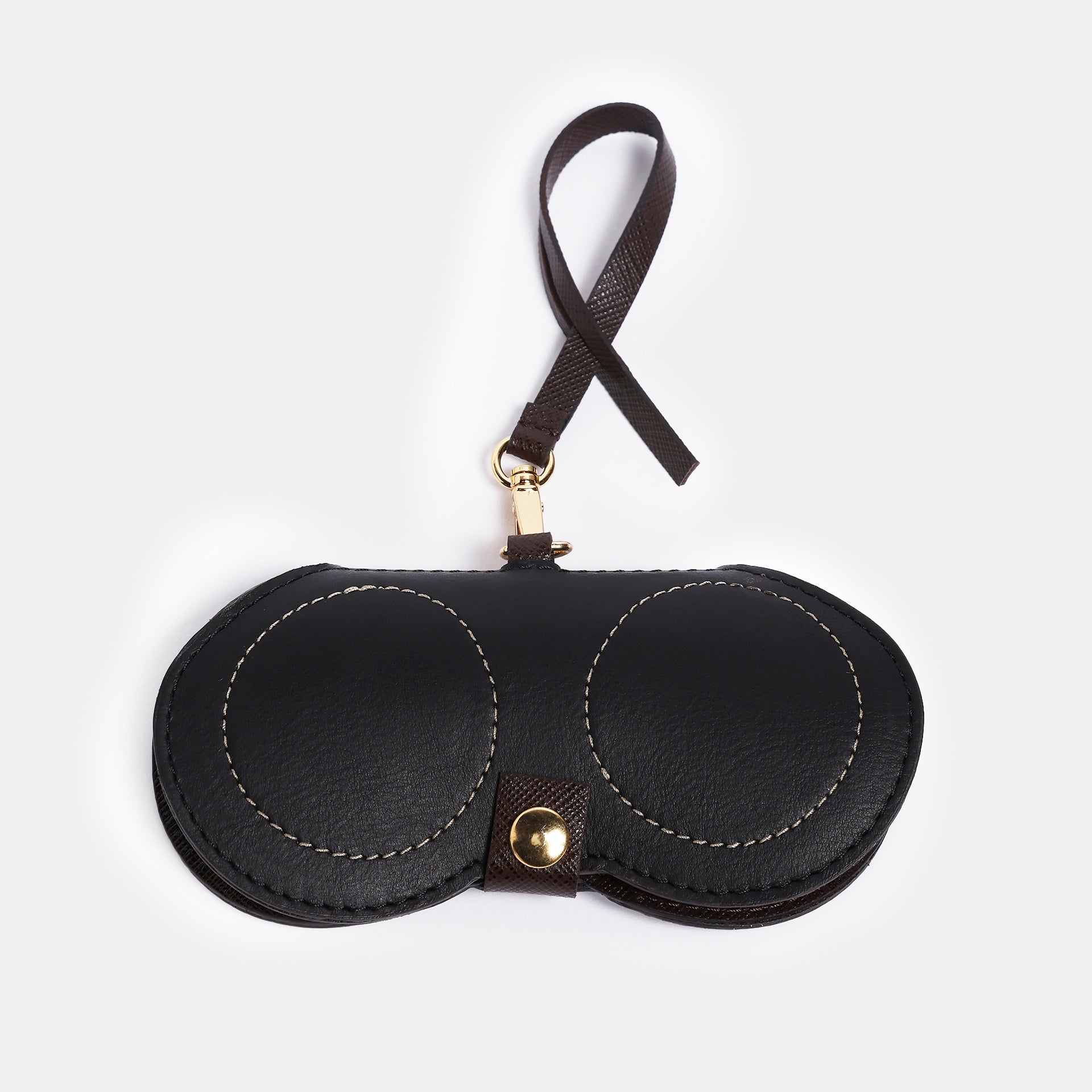 Portaocchiali Marisol in pelle nera Arron aperto, mostra la chiusura e la qualità artigianale