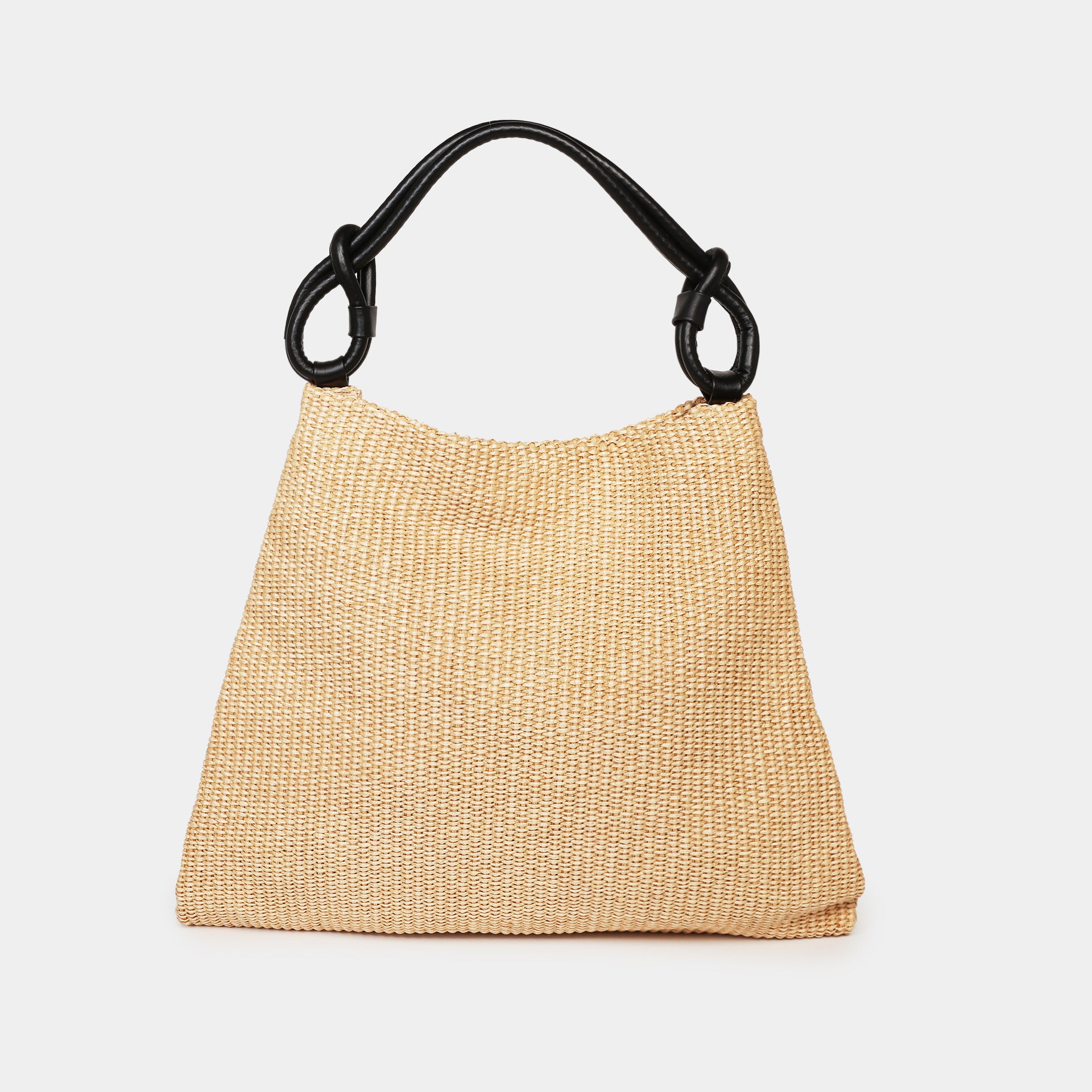 poppy borsa in rafia ecru e manico in pelle nera con nodi in taglia L marchio Arron 