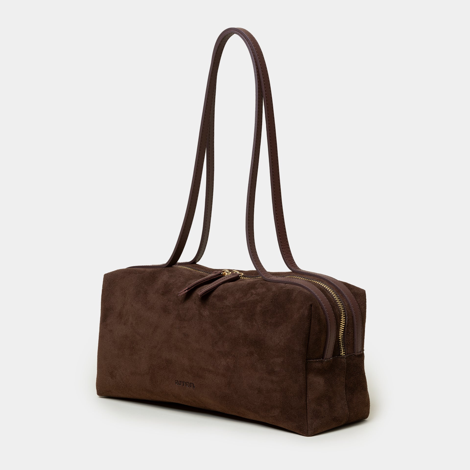 borsa east west a spalla con zip in camoscio cioccolato Arron Made in Italy