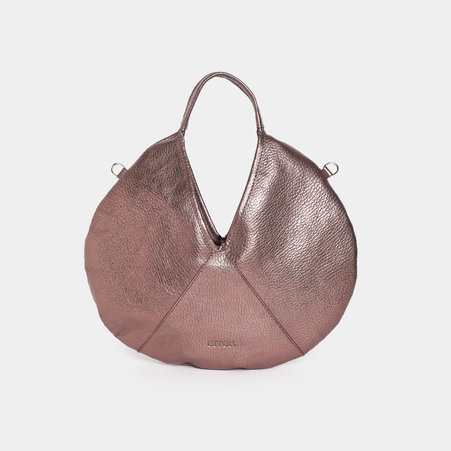 borsa mini forma rotonda hobo in pelle martellata laminata bronzo design contemporaneo minimalista brand Arron made in Italy