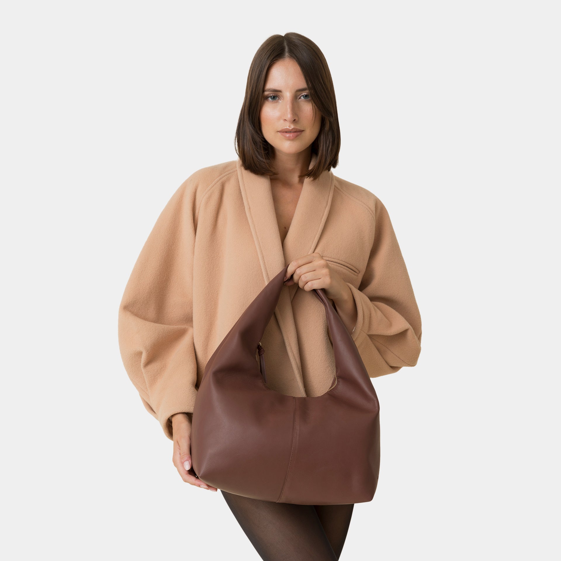 borsa hobo con zip all over pelle liscia marrone bruciato made in italy brand arron